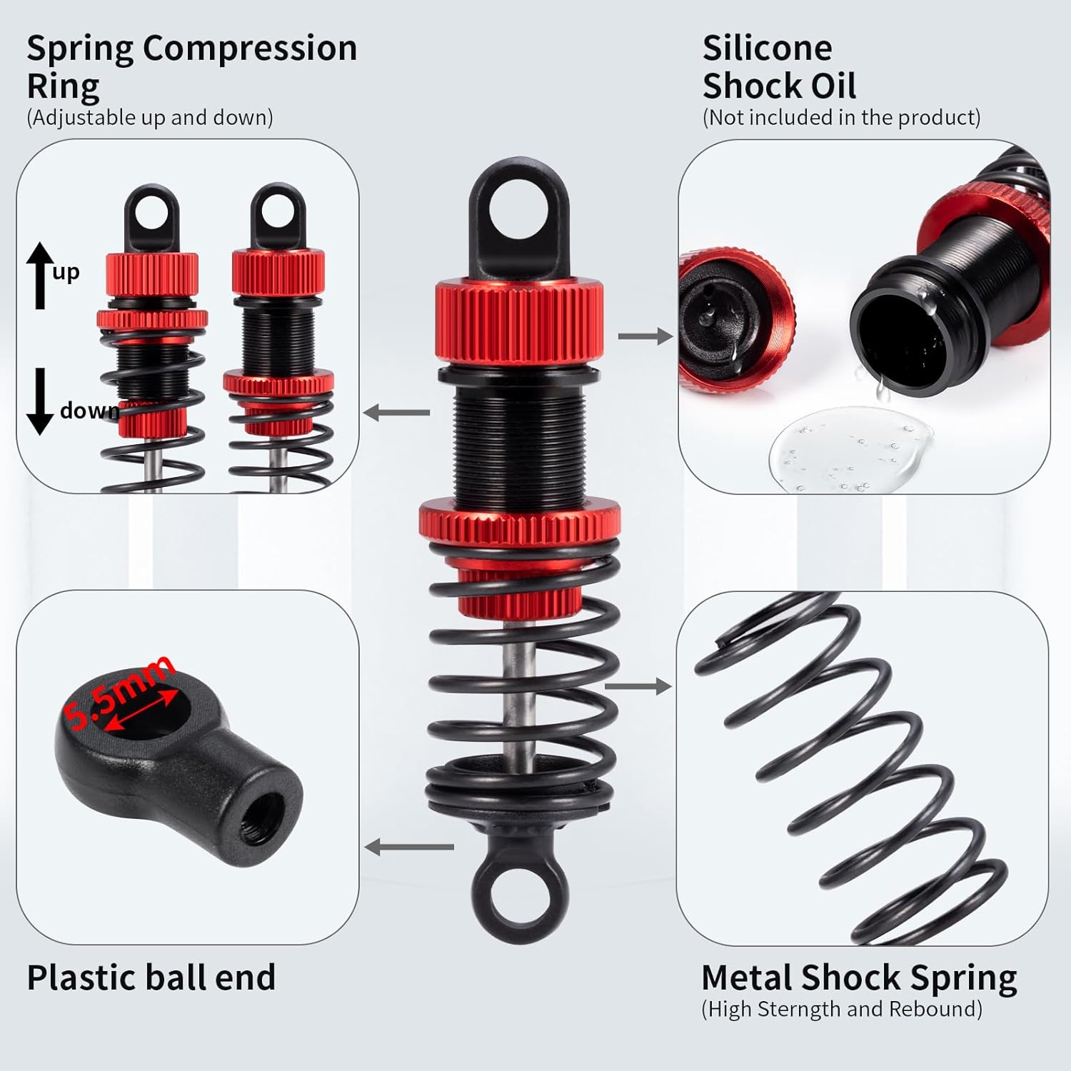 4PCS RC Shocks Front & Rear Shock Absorber Damper 62mm Upgrade Parts for 1/10 Tamiya TT02 RC Car (Red)