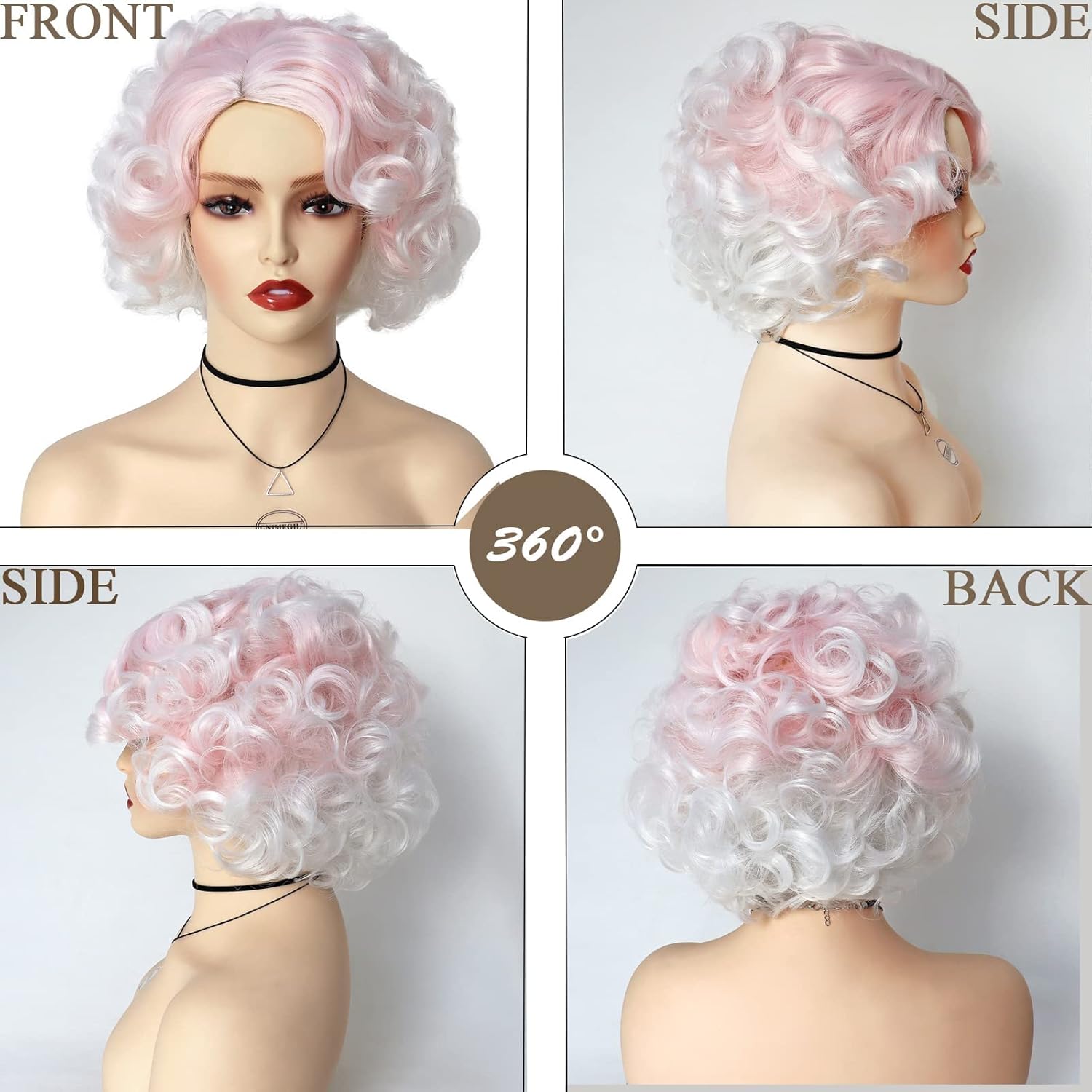 GNIMEGIL Pale Pink Wig Short Curly Hair For Women White Ombre Wig Cosplay Synthetic Fiber Layered Wave Wigs For Bachelorette Party Halloween Costume - Image 5