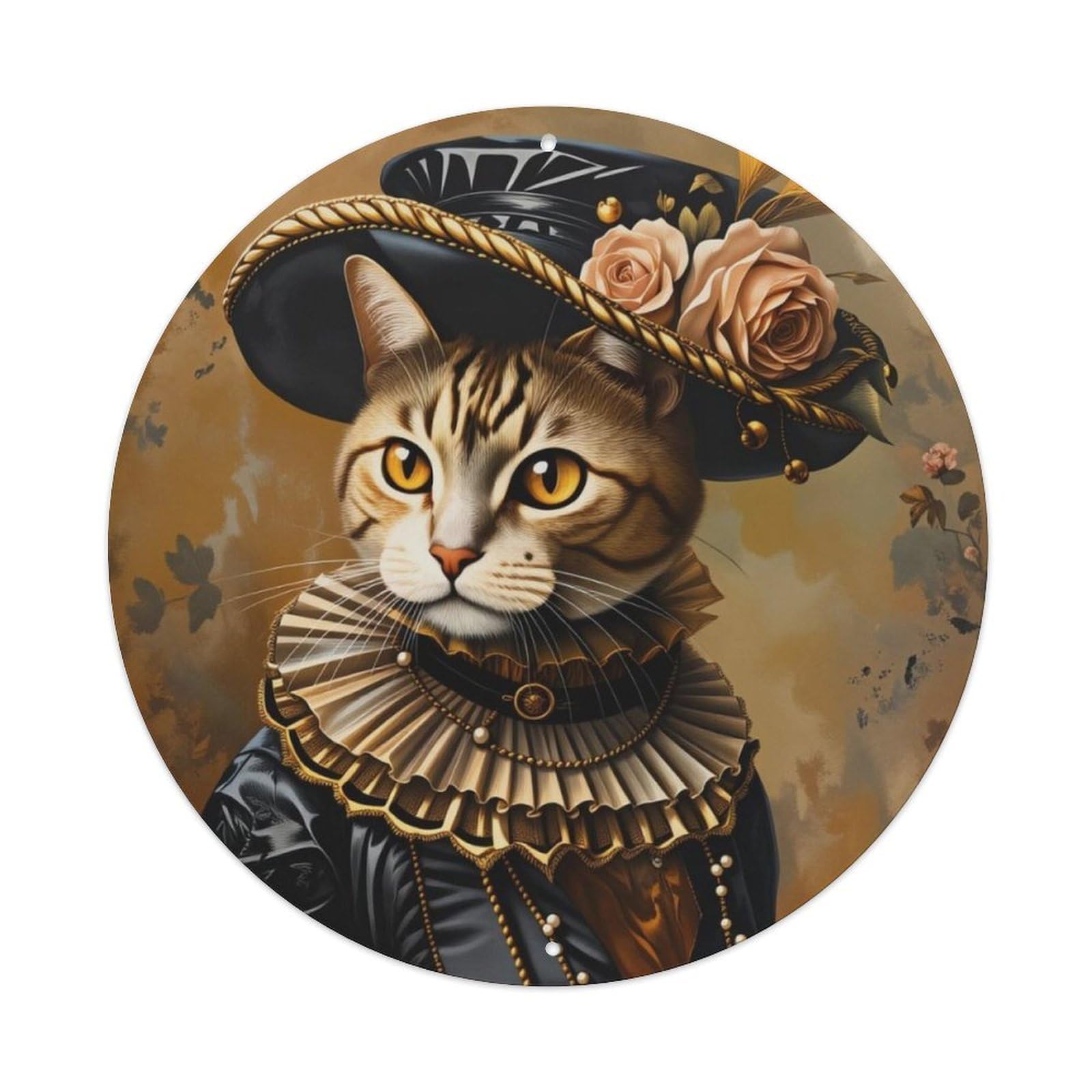Vintage Noble Hat Tabby Cat Oil Painting Round Wall Sign Vintage Aluminium Metal Sign, Retro Wall Decor for Home, Bar, Garage & Farmhouse 20x20cm