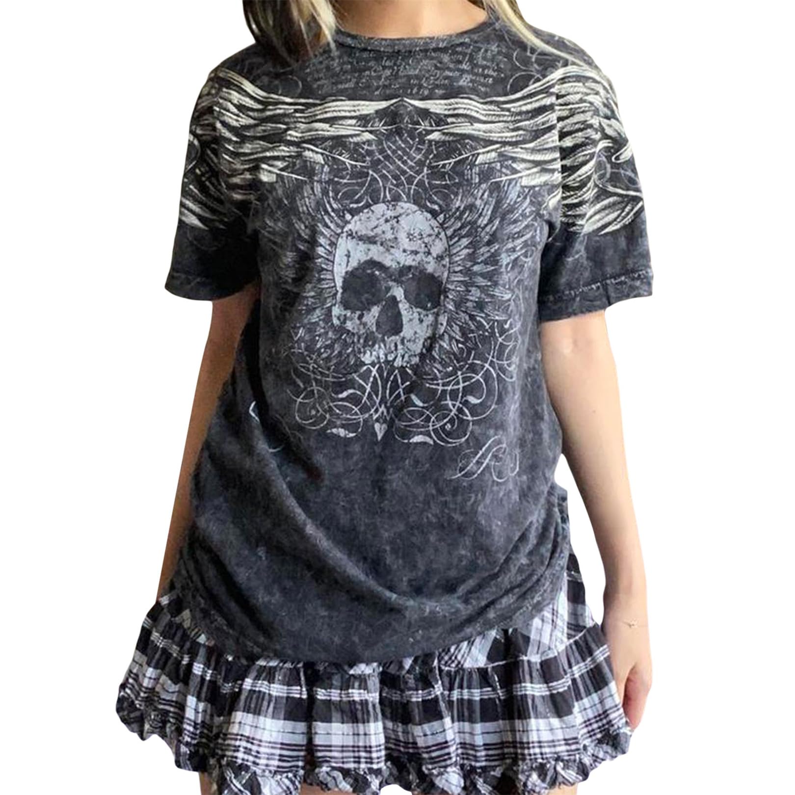 Womens Gothic Graphic Tees Y2K Print Fairy Grunge Aesthetic Crew Neck Short Sleeve T Shirts Vintage E-Girls Clothes