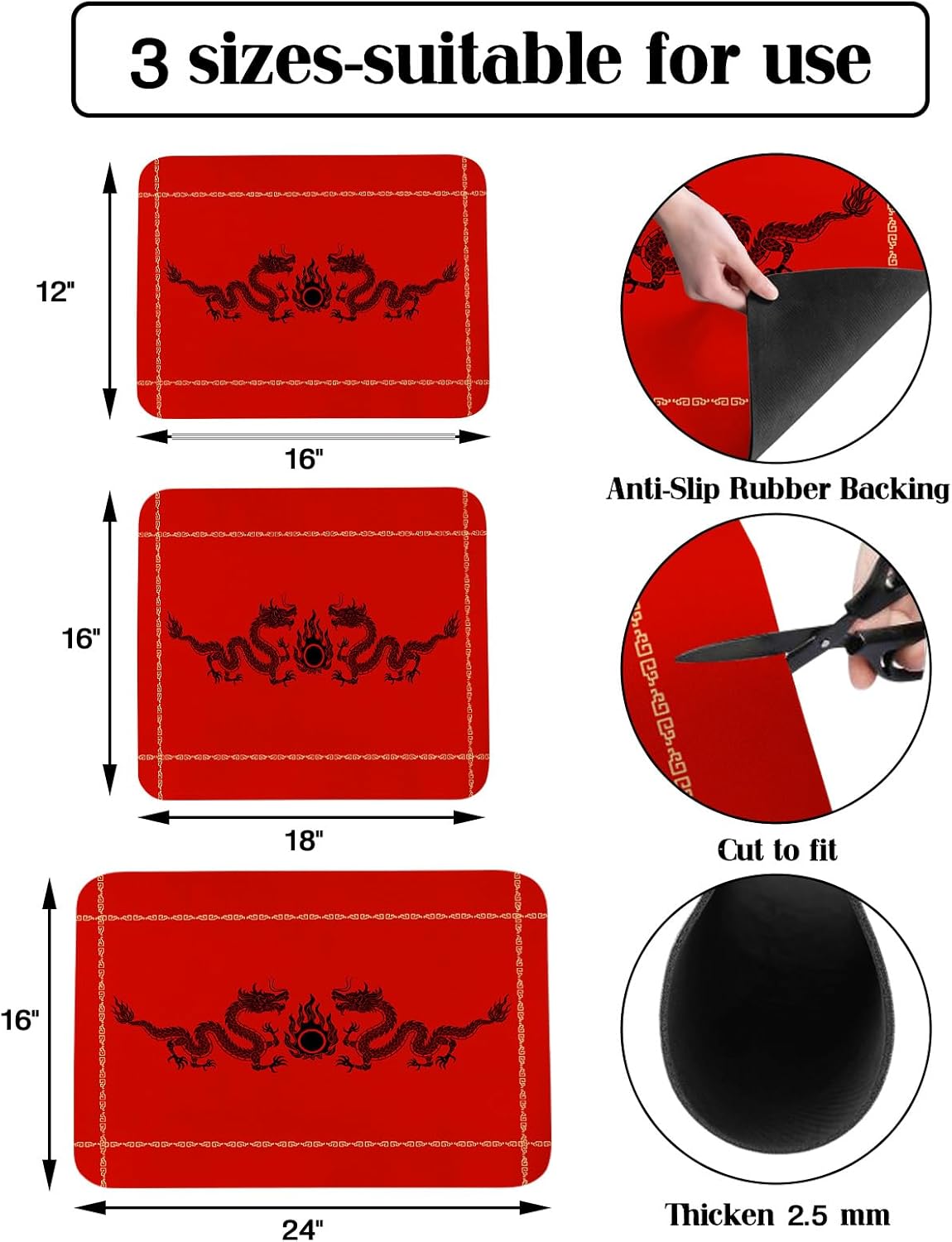 Traditional Dragon Dish Drying Mat for Kitchen Counter, Oriental Chinese Red Gold Black Absorbent Quick Dry Dish Dry Placemats, Countertop Dishes Drainer Mats Drying Pad Non Slip, 1 Pack, 18"x16"