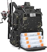 BISKLNDN Tactical Fishing Backpack 50L with Tackle Boxes, Rod Holders, Insulated Cooler - Durable Large Fishing Gear Bag Black