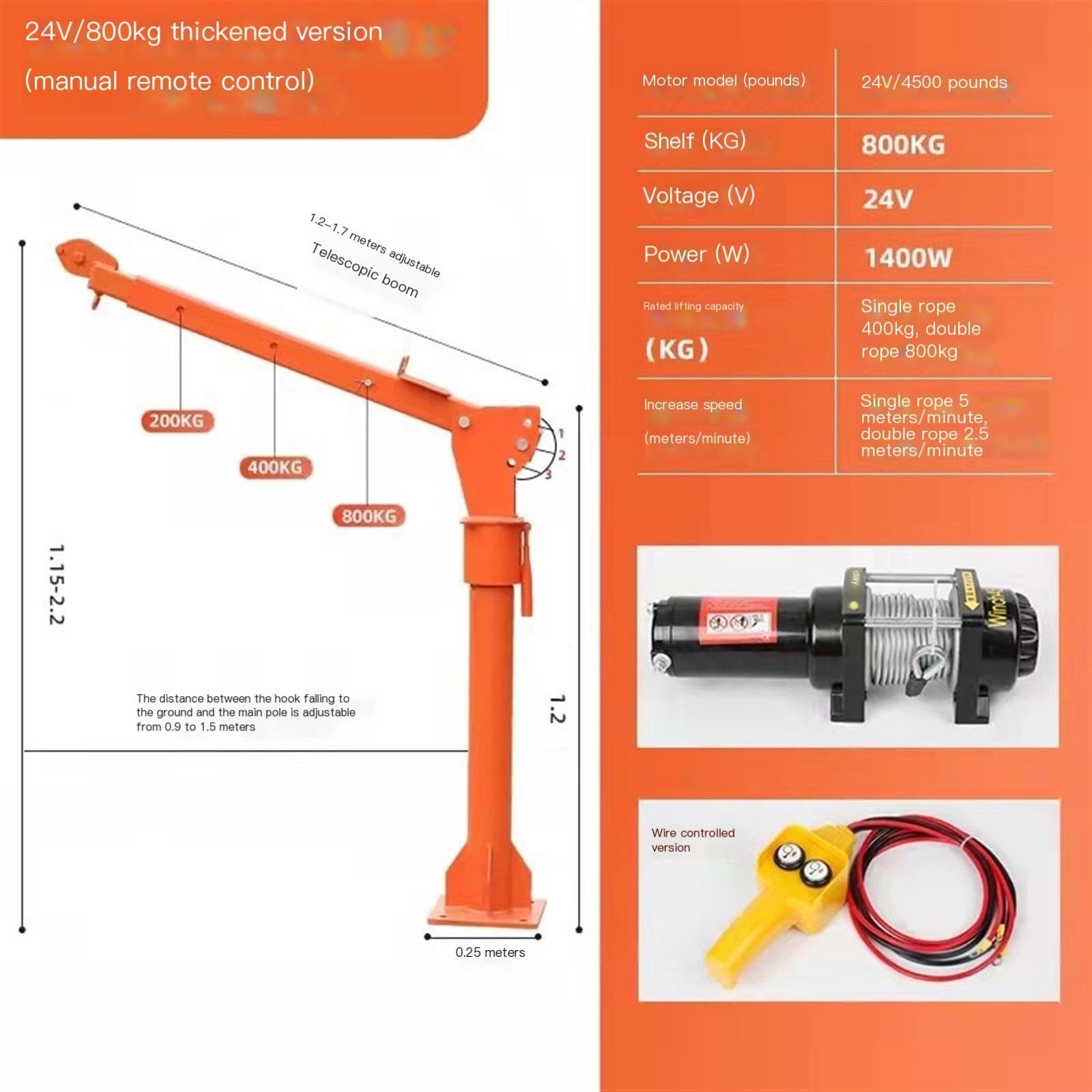 Vehicle-Mounted Crane, 12v/24v/220v Small Household Lifting Crane, Truck Cantilever Crane MINGPING(24V800kg Wire Control)