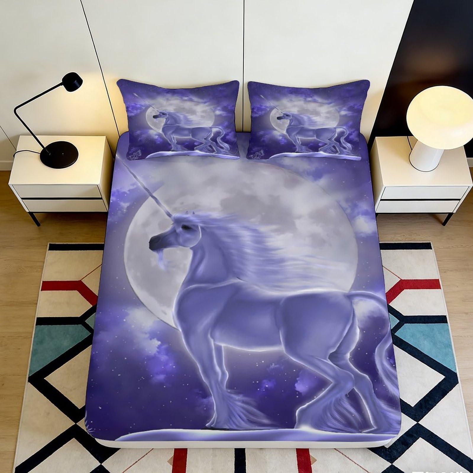 3D Printed Moonlight Horse Fitted Sheet Microfiber Soft Purple Stallion Mattress Cover for Bedroom Guest Room 90x200x25cm