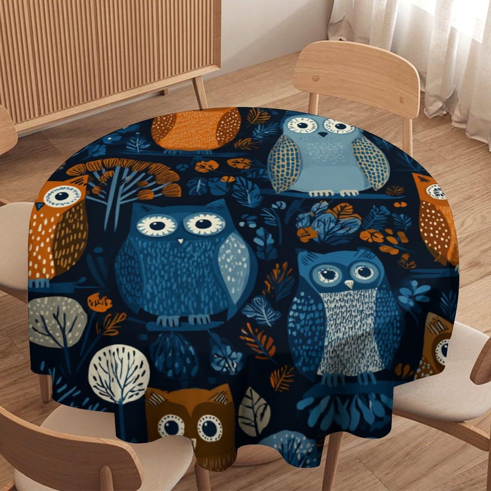 LUYYSKY Cute Cartoon Owls Waterproof Round Tablecloth Modern Watercolor Art Animals Owls Plant Trees Print Washable Table Cover for Kitchen-70 Wx70 L