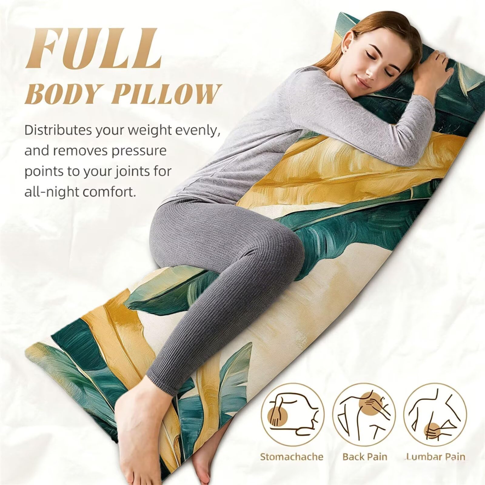 Funda de Almohada 60 x 180 cm Oro Protector Almohada 180 cm con Cremallera Invisible, Lino Durable y Transpirable Pillow Case Largas Hojas Impresión a Doble Cara para Cama, Sofá y Dormitorio dg-289