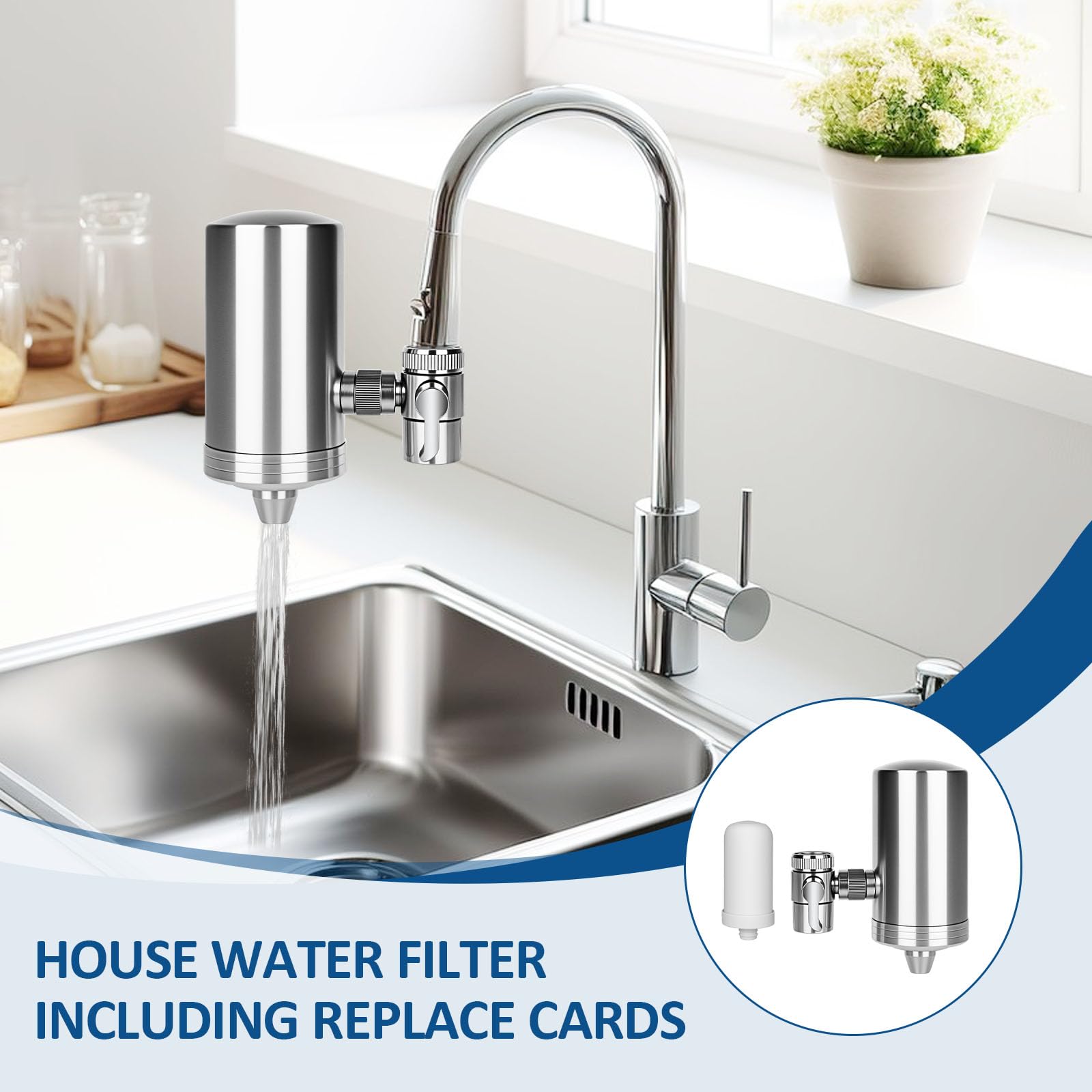 Robinet filtrant à eau, purificateur d'eau sans installation en acier inoxydable pour robinets ménagers, robinet filtrant avec élimine le chlore et purification de l'eau (1 filtre inclus)