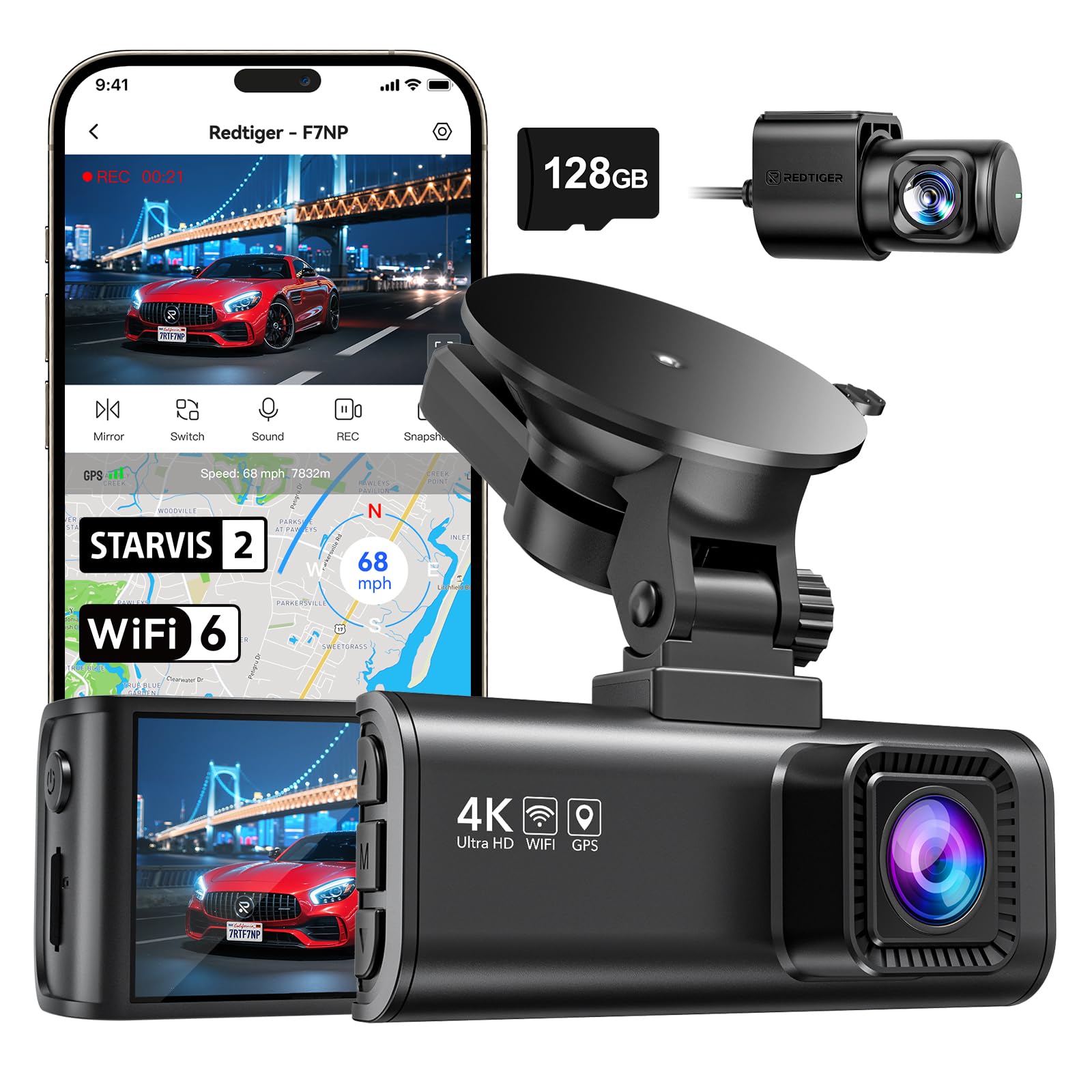 REDTIGER F7NP Dashcam und Hardwire Kit, 4K Starvis 2 Dashcam Auto mit integriertem GPS, WLAN und mitgelieferter Speicherkarte