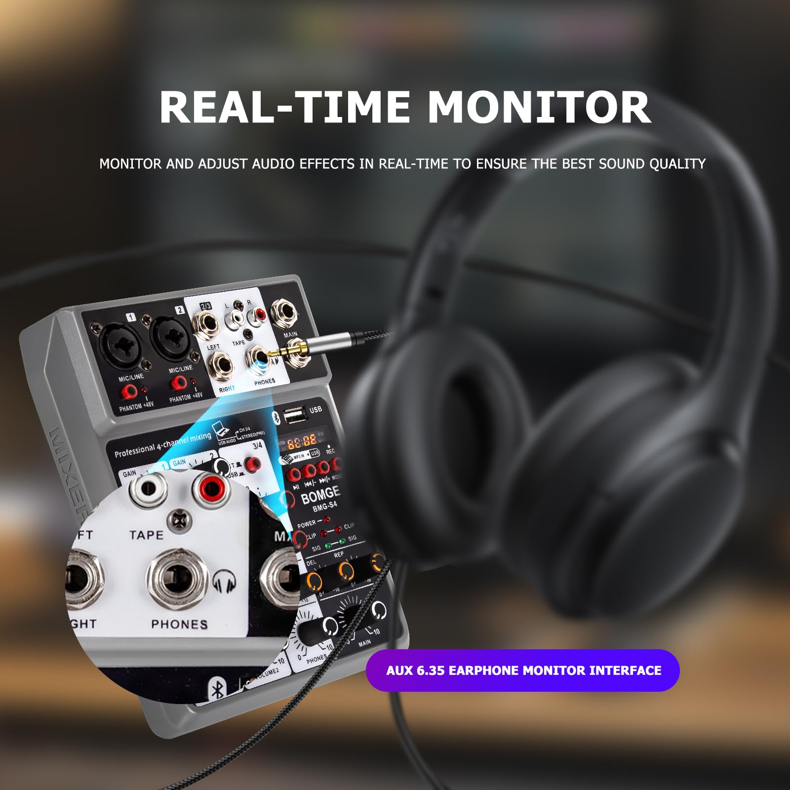 BOMGE Professional Audio Mixer, Sound Board Mixing Console with 4 Channel Digital USB Bluetooth Echo Delay Effect, Input 48V Phantom Power Stereo DJ Mixers for Recording, Live Streaming, Podcasting