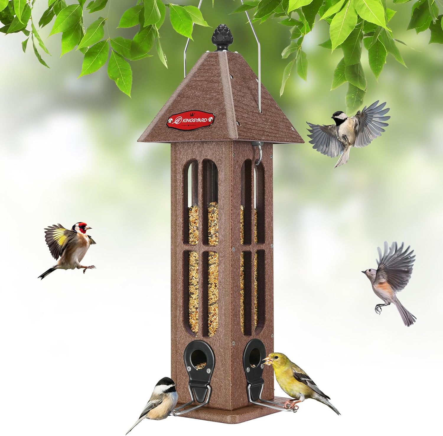 Kingsyard Rainproof Bird Feeder for Outdoor Hanging - Recycled Plastic Wild Bird Feeder with 4 Metal Ports, Garden Yard Decorations for Cardinals Finches, Brown