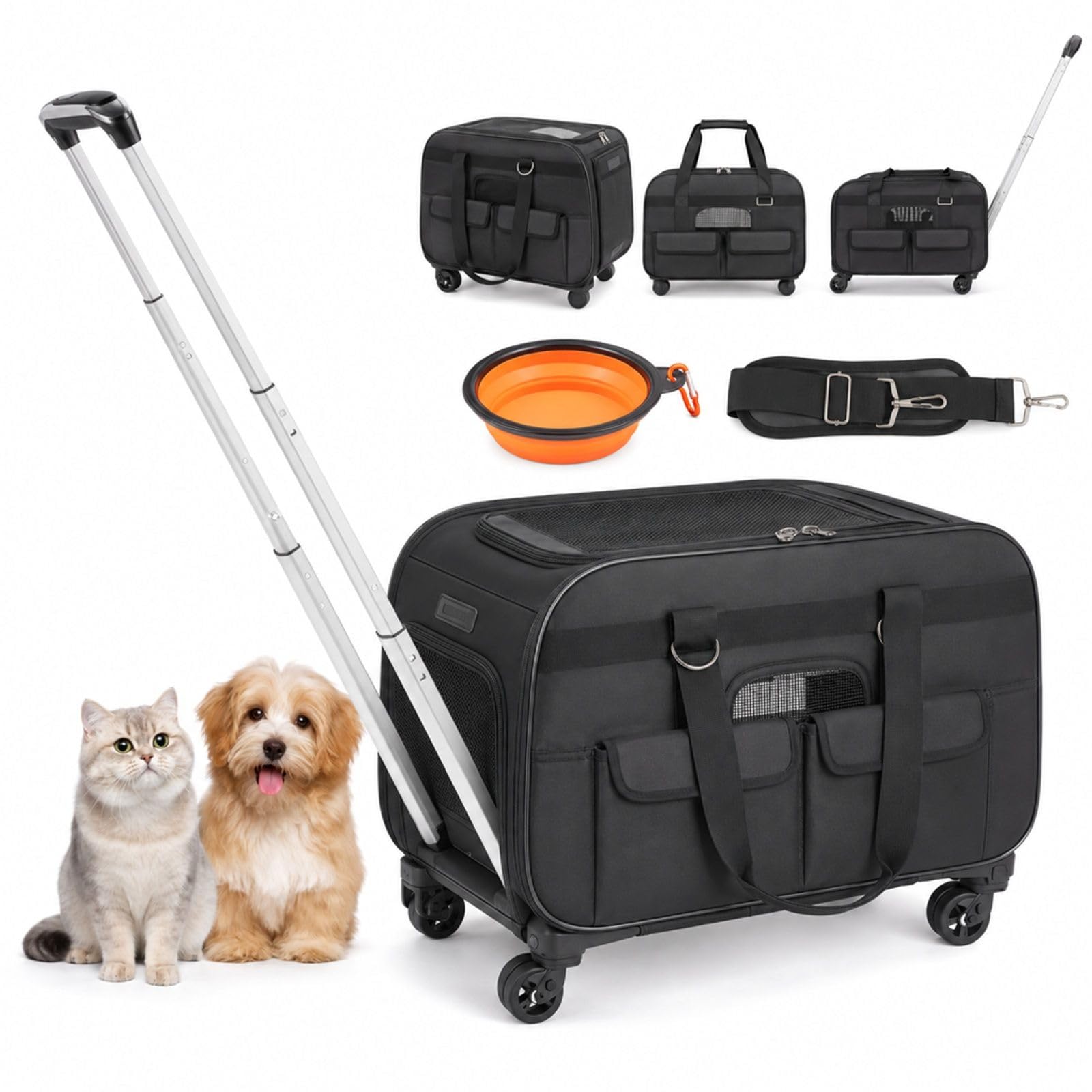 Sac de Transport Roulant pour Chat et Chien, Noir, avec poignée télescopique, bandoulière, Fermeture éclair autobloquante et gamelle Pliable, pour Voyage et Sorties
