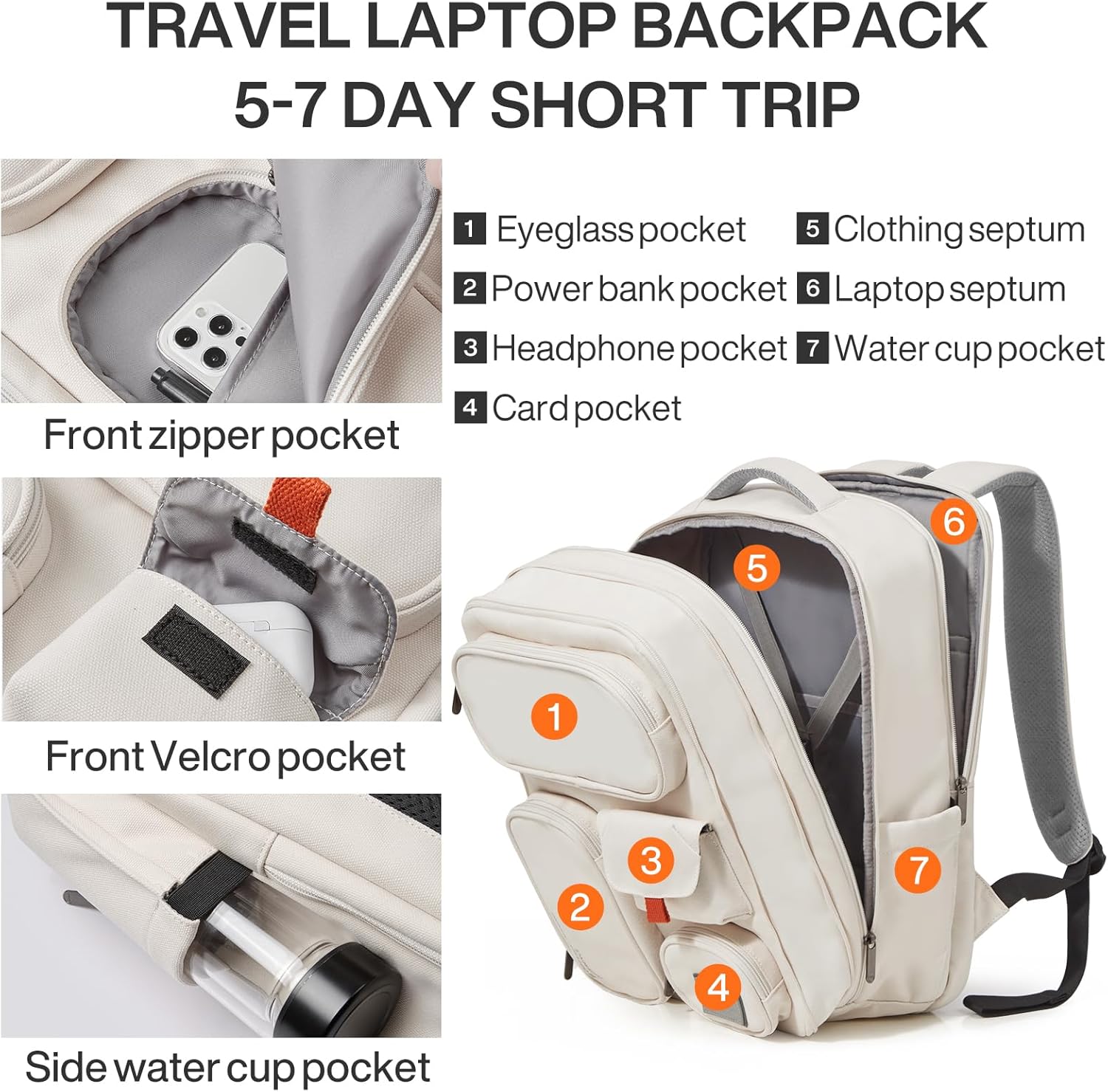 mixi Large Capacity Expandable Travel Backpack for Women & Men 15.6'' Laptop Carry On Weekender Bag Outdoor Hiking with Multifunction Pockets 180° Open Water Resistant 18 Inch 28L, Moonlight White - Image 3