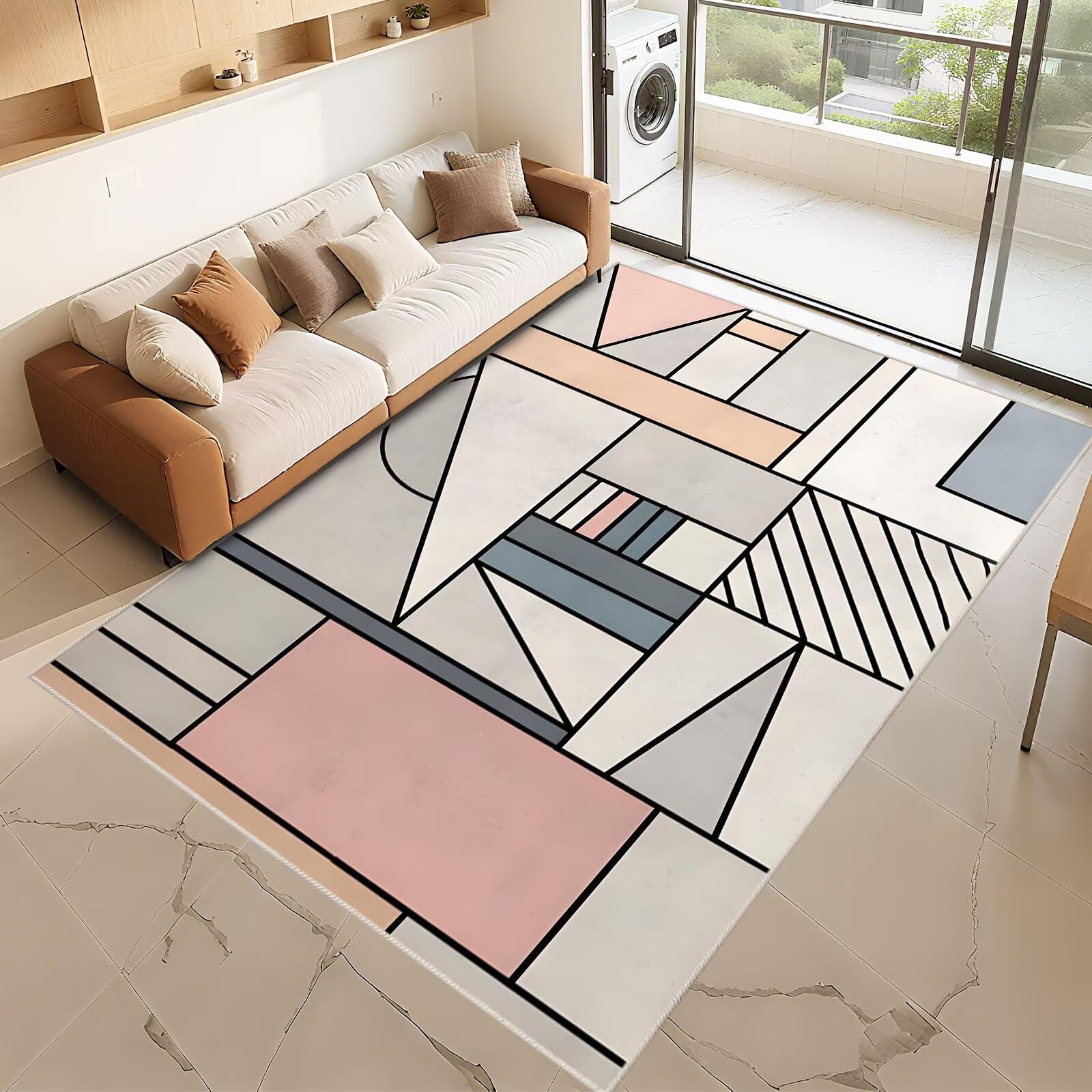Tapis salon motif géométrique moderne gris rose grand format