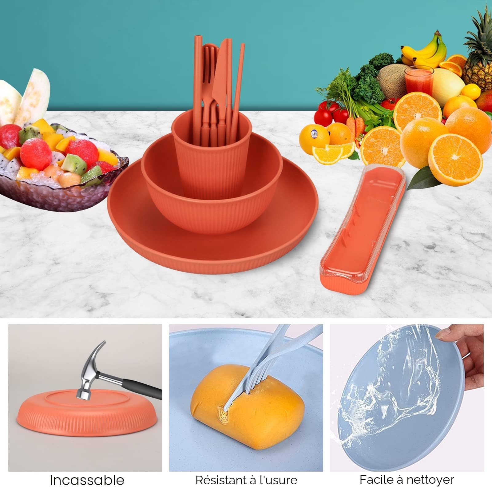 Ensembles de vaisselle incassables de 66 pièces pour 6 personnes, service de table réutilisable, service de table de camping à domicile Assiettes, bols, tasses, couverts, fourchettes en plastique