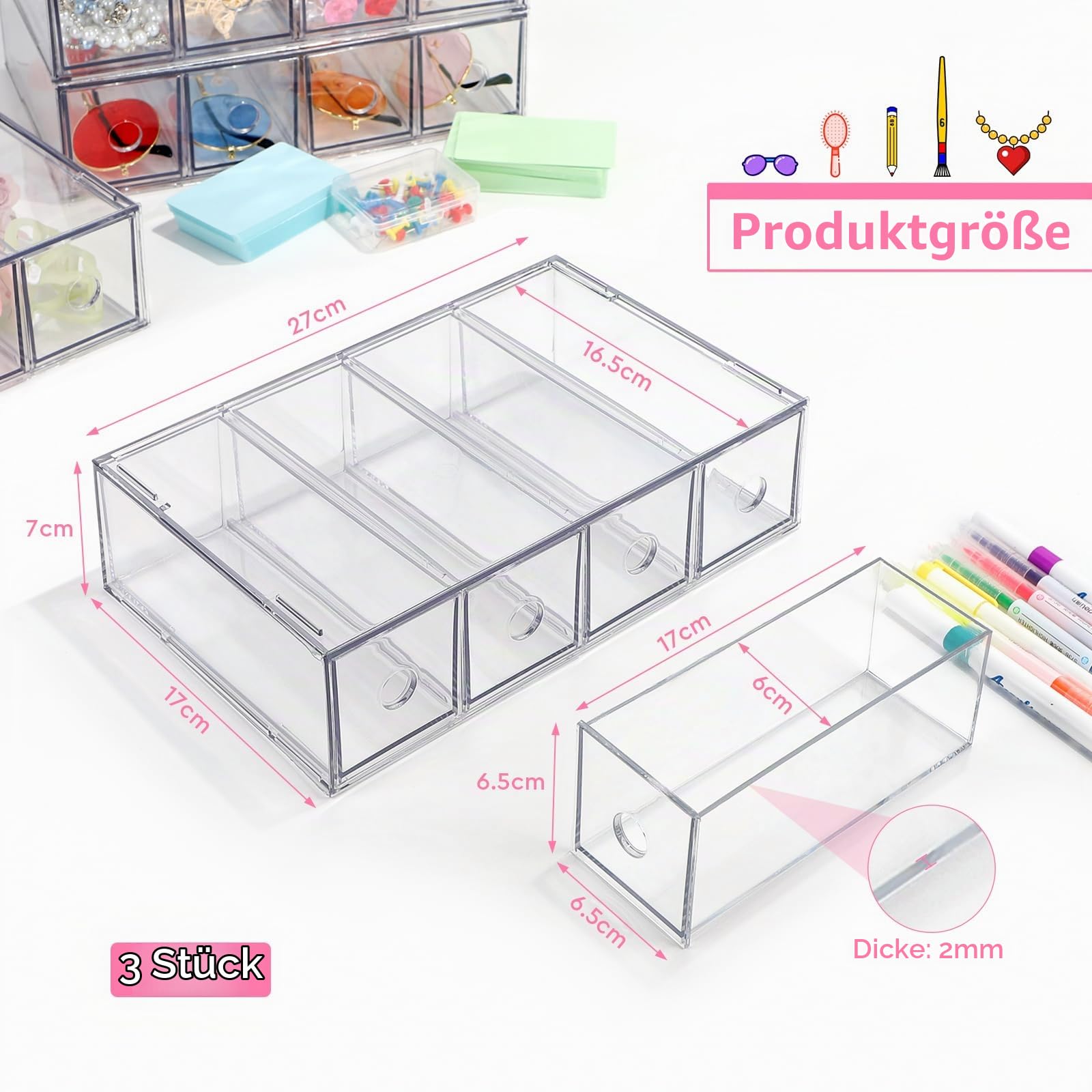3x Schreibtisch-Organizer, Aufbewahrungsbox für Schreibwaren, Mark | Schubladenkasten mit 12 Herausnehmbarer Schublade, Schubladenorganizer Stapelbar Büro Schreibtisch Organizer Transparent-grau