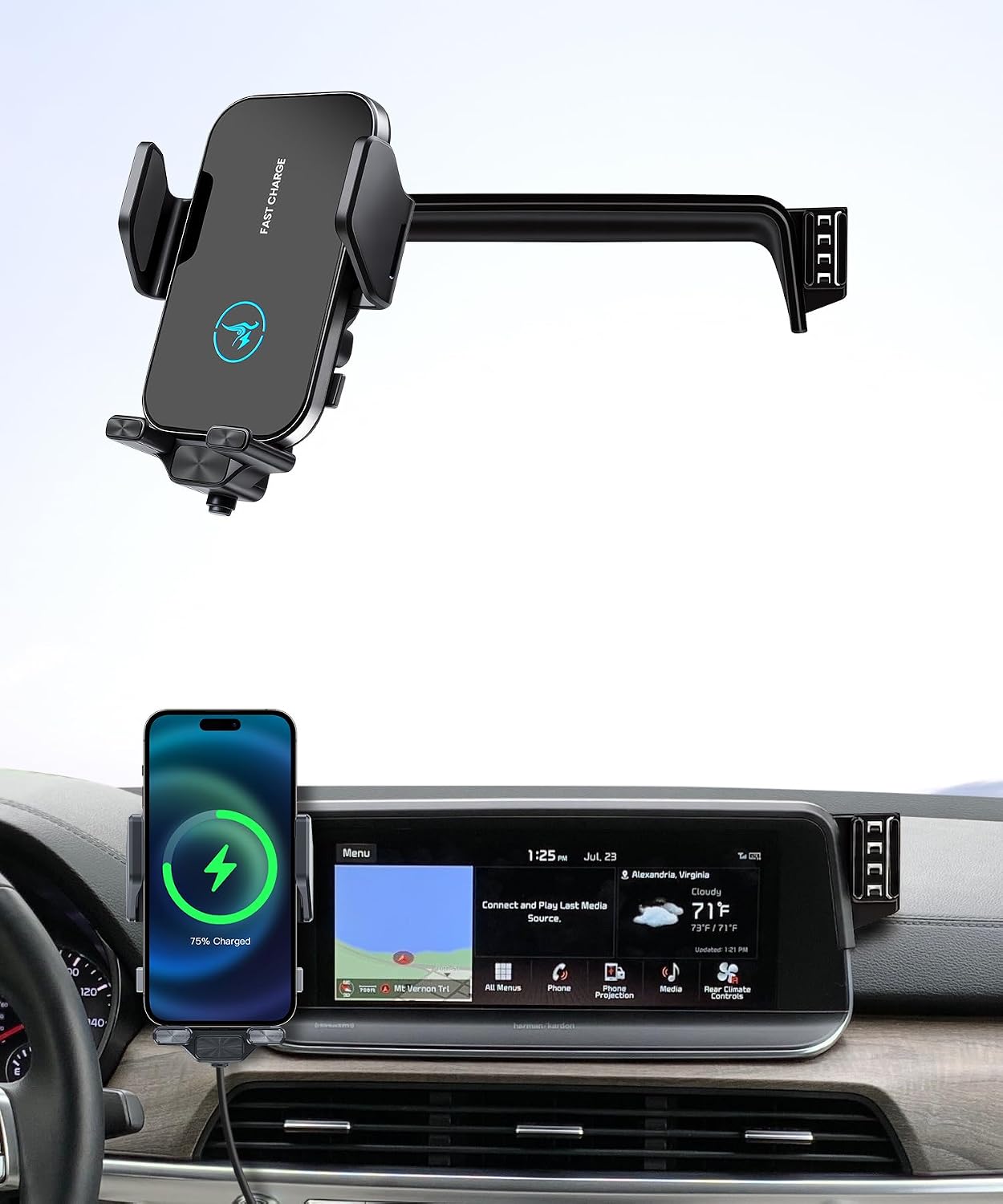 15W Wireless Fast Charger for 2019 2020 2021 2022 Kia Telluride Accessories 10.25 inch Screen Fixed Clip, Interior Decoration Mobile Phone Mount, 360° Rotation, Vehicle-Specific Custom Mount