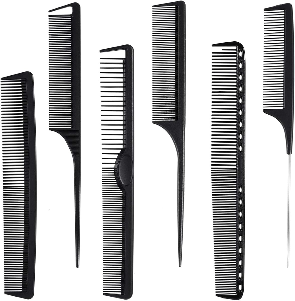 6 Pieces Carbon Fiber Hair Combs Set, General Styling Grooming Combs, Anti Static Heat Resistant Hairdressing Comb, Fine and Wide Tooth Hair Barber Rat Tail Comb