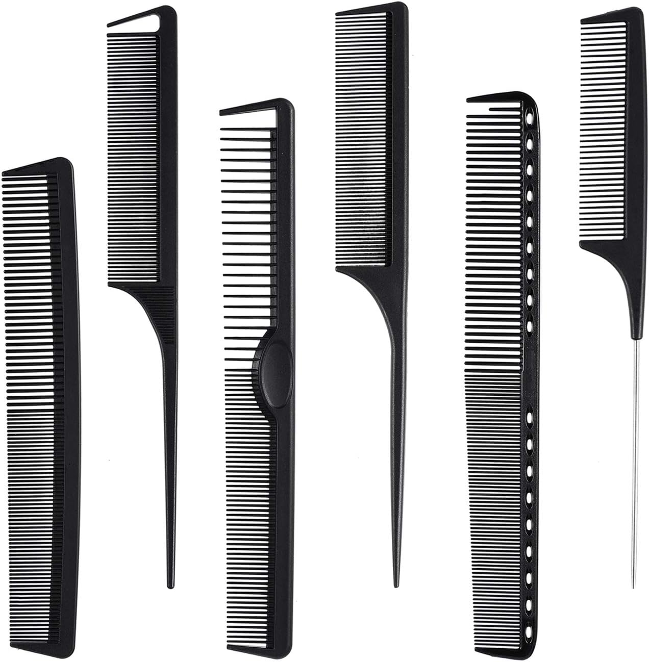 6 Pieces Carbon Fiber Hair Combs Set, General Styling Grooming Combs, Anti Static Heat Resistant Hairdressing Comb, Fine and Wide Tooth Hair Barber Rat Tail Comb