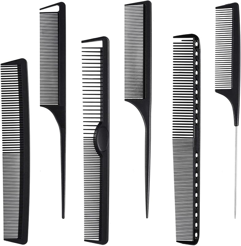 6 Pieces Carbon Fiber Hair Combs Set, General Styling Grooming Combs, Anti Static Heat Resistant Hairdressing Comb, Fine and Wide Tooth Hair Barber Rat Tail Comb