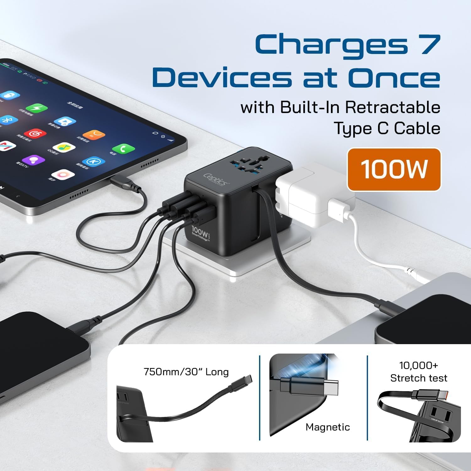 Ceptics GAN 100W Universal Travel Adapter with Retractable USB-C Cable, 2X USB-A & C, Universal Input and 1x USA/JP Input, 7 in 1 Universal Adapter for Worldwide Travel - Type A, C, G, I Output - Image 4
