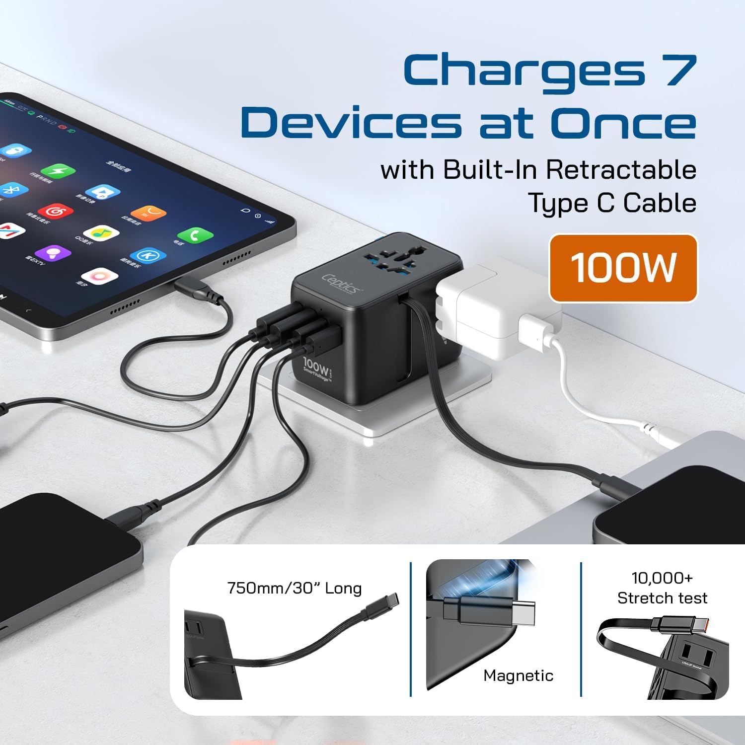 Ceptics GAN Adaptador de Viaje Universal de 100 W con Cable USB C retráctil, 2 USB-A & C, Entrada Universal y 1 Entrada US/JP, Adaptador Universal 7 en 1 para Viajes por Todo el Mundo