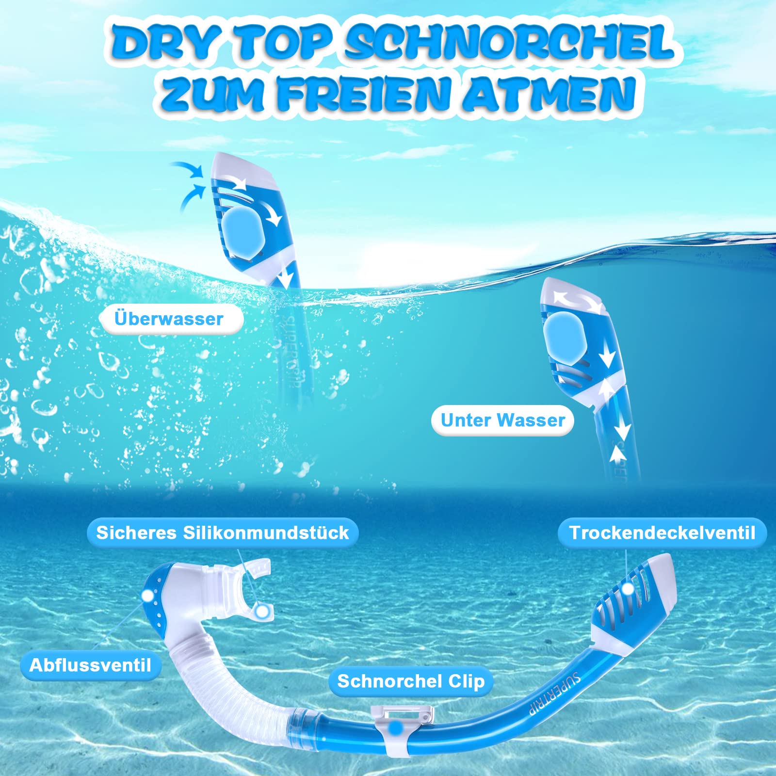 Supertrip Set da snorkeling bambini 3 pezzi pinne regolabili occhiali subacquei vetro temperato boccaglio ad asciugatura premium