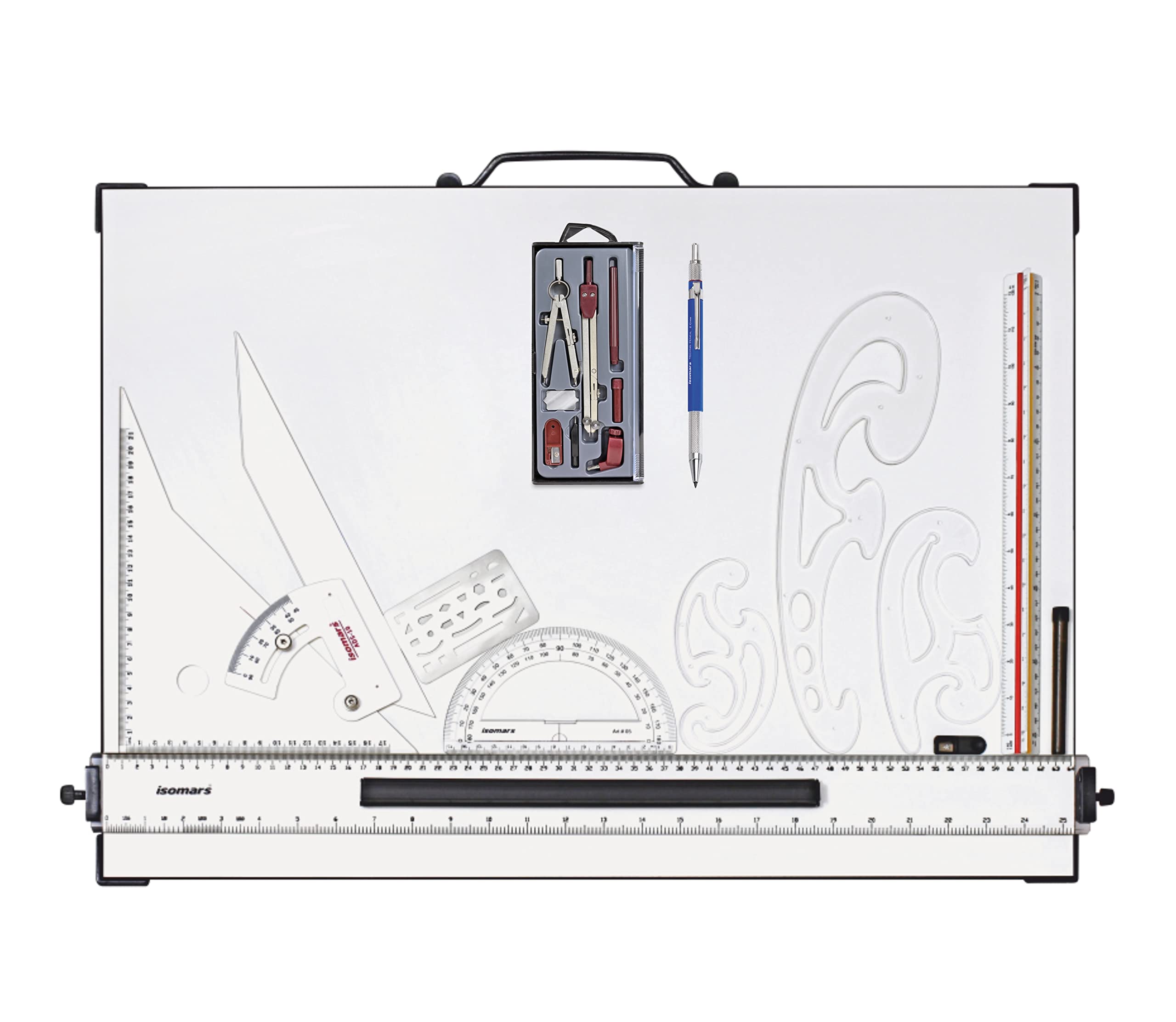 Isomars Drawing and Drafting Architect Kit Comes with Technical Board with Parallel Motion Ruler - A2 Size - 18.5" x 25" Includes Set Square, Mechanical Pencil, French Curve, Technical Compass