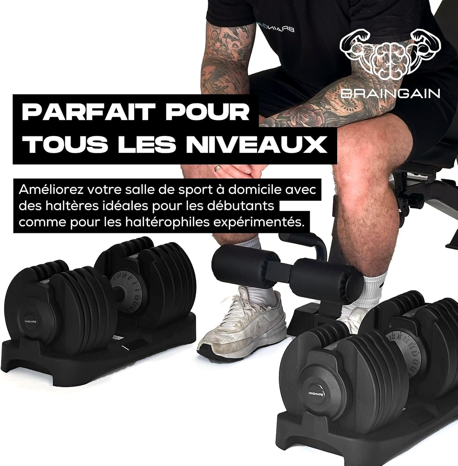 BRAINGAIN haltères réglables Paire - 15 en 1 (24 kg) réglages de poids, technologie Smart-Click pour changements rapides avec système de verrouillage sécurisé, prise antidérapante