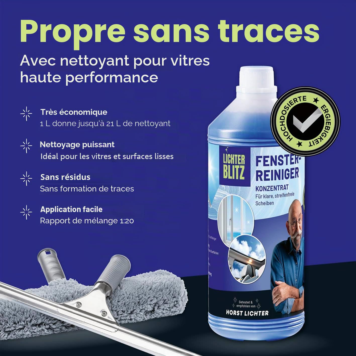 Set Complet de Nettoyage pour vitres | Nettoyage Professionnel des fenêtres | INCL. raclette pour vitres, Seau de 12 litres avec Support, raclette, Chiffon, Microfibre et Produit
