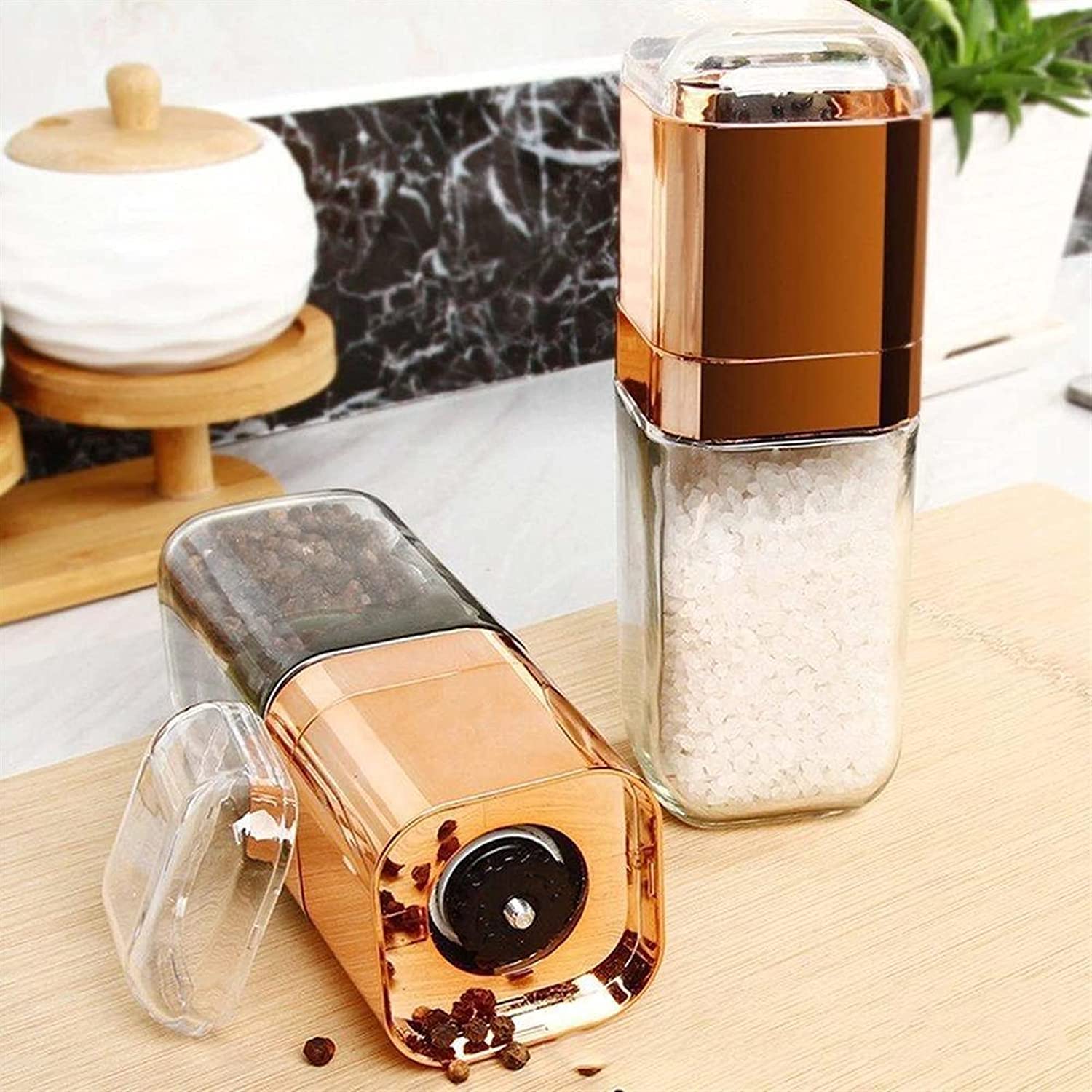 Młynek do soli i pieprzu, młynek do pieprzu Moda młynek do soli i pieprzu Szklana butelka Premium Solniczka i pieprzniczka z ceramicznym młynkiem do przypraw (złoto / 180 ml) Młynek do pieprzu (kolor: