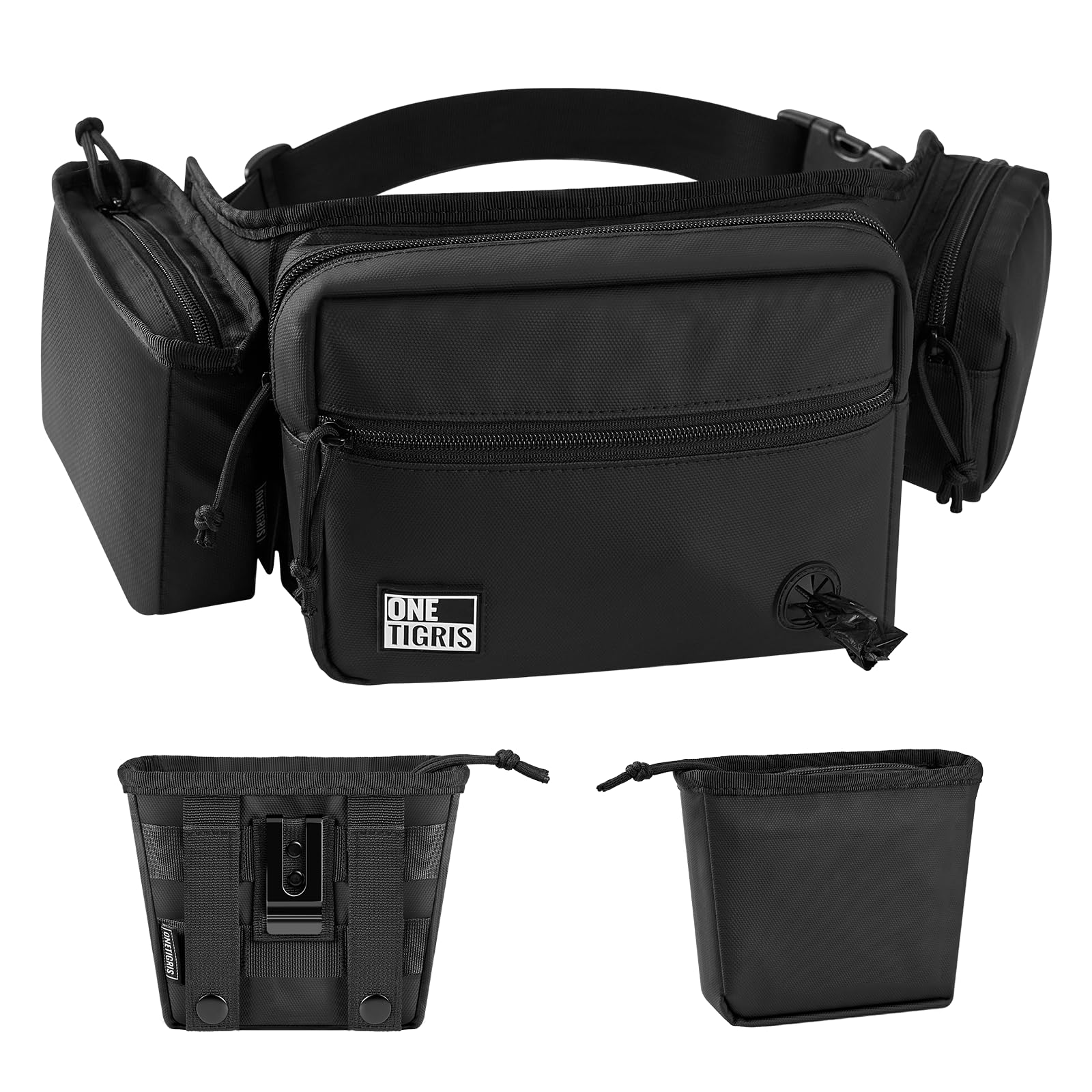 OneTigris Borsa Porta-Premi per Cani Impermeabile con Chiusura Magnetica, Porta Snack Addestramento Rimovibile con Dispenser Sacchetti Igienici, Alta capacità SnackKeeper Multifunzione, Nero