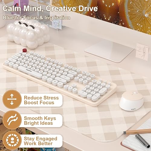 Miniatura 4 de COOFUN - Teclado inalámbrico color crema, 104 teclas de tamaño completo, teclado blanco, ergonómico, inalámbrico, lindo y colorido retro máquina de