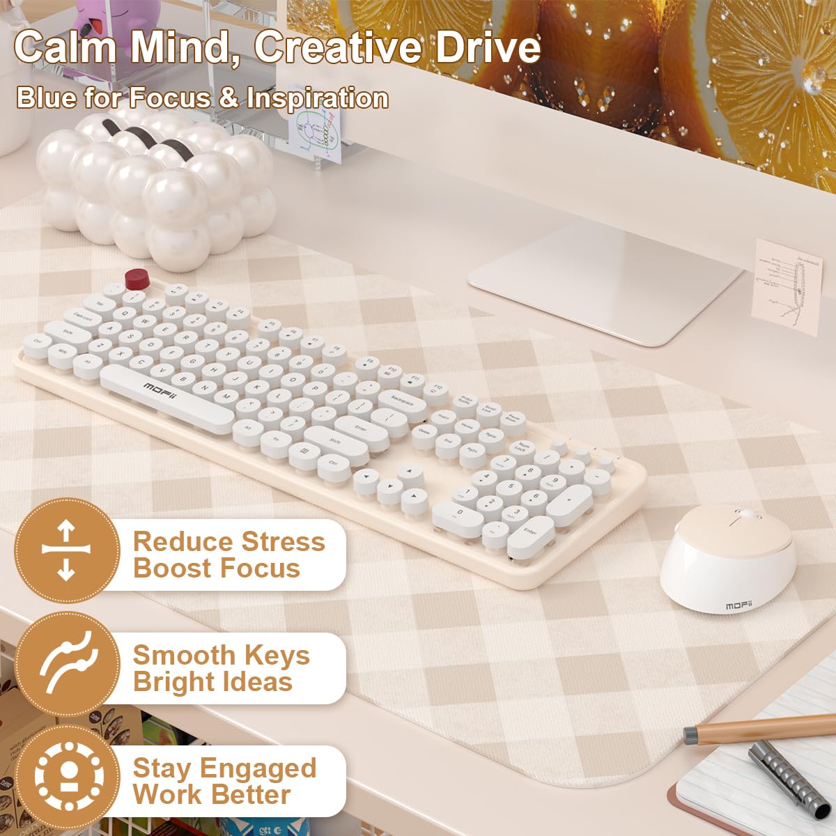 COOFUN - Tastiera senza fili con 104 tasti, colore crema, tastiera ergonomica senza fili, stile retrò, per Windows, PC, laptop, desktop (crema)