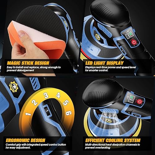 Miniatura 7 de Kit de pulidor y pulidor de coche inalámbrico de 5 pulgadas 2 baterías de 2000 mAh 12 V y 18 accesorios Diseño orbital de 6 velocidades, pantalla