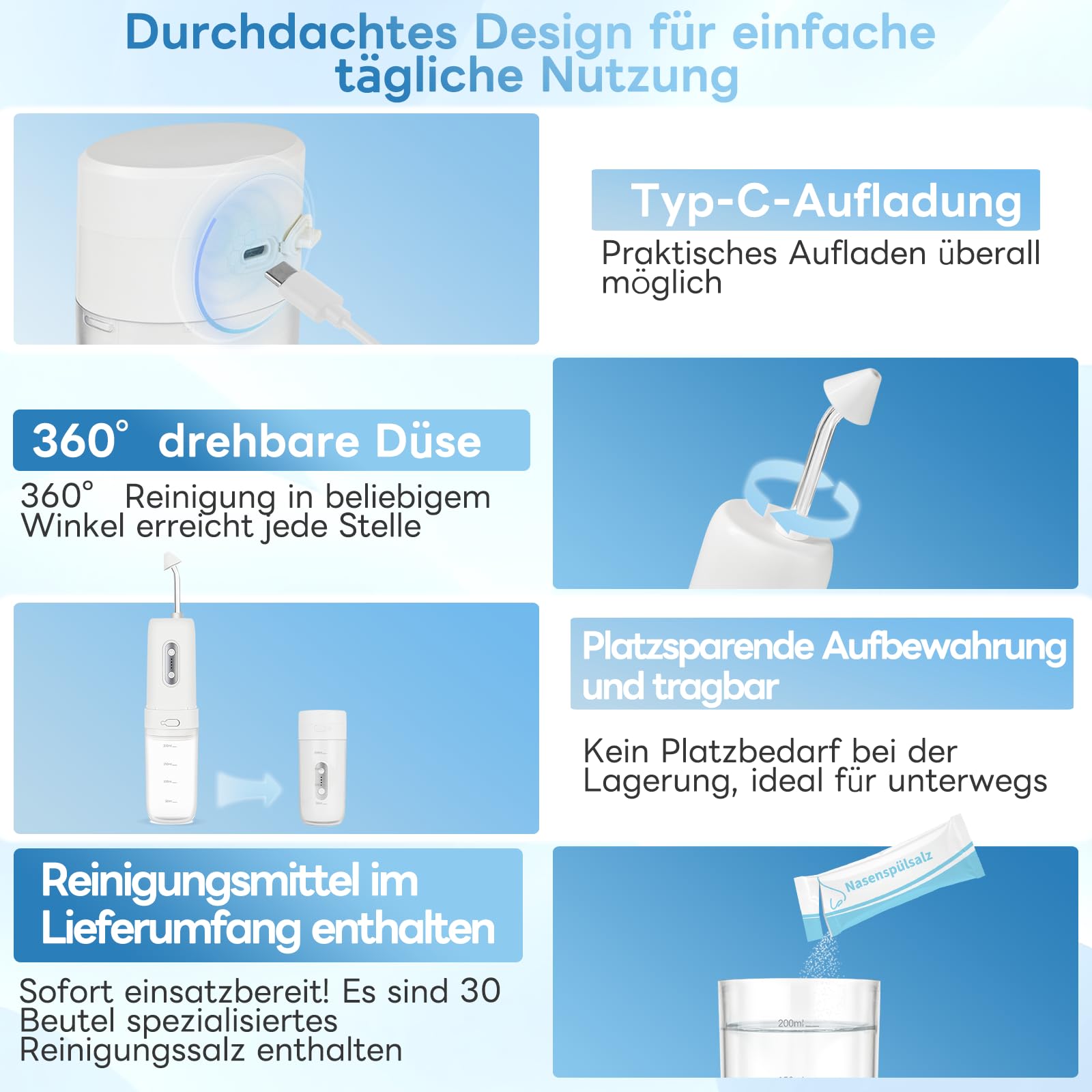 InhwRior Elektrische Nasendusche Set, pulsierender Fluss mit zwei Düsen