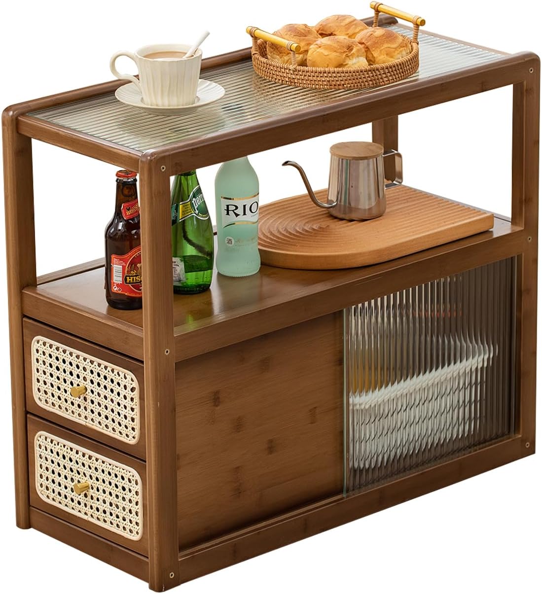 Bamboo & Rattan Side Table with Glass Top – 2-in-1 End Table and Bedside Cabinet with Drawer Storage for Small Spaces, Bedroom, Living Room, Nature