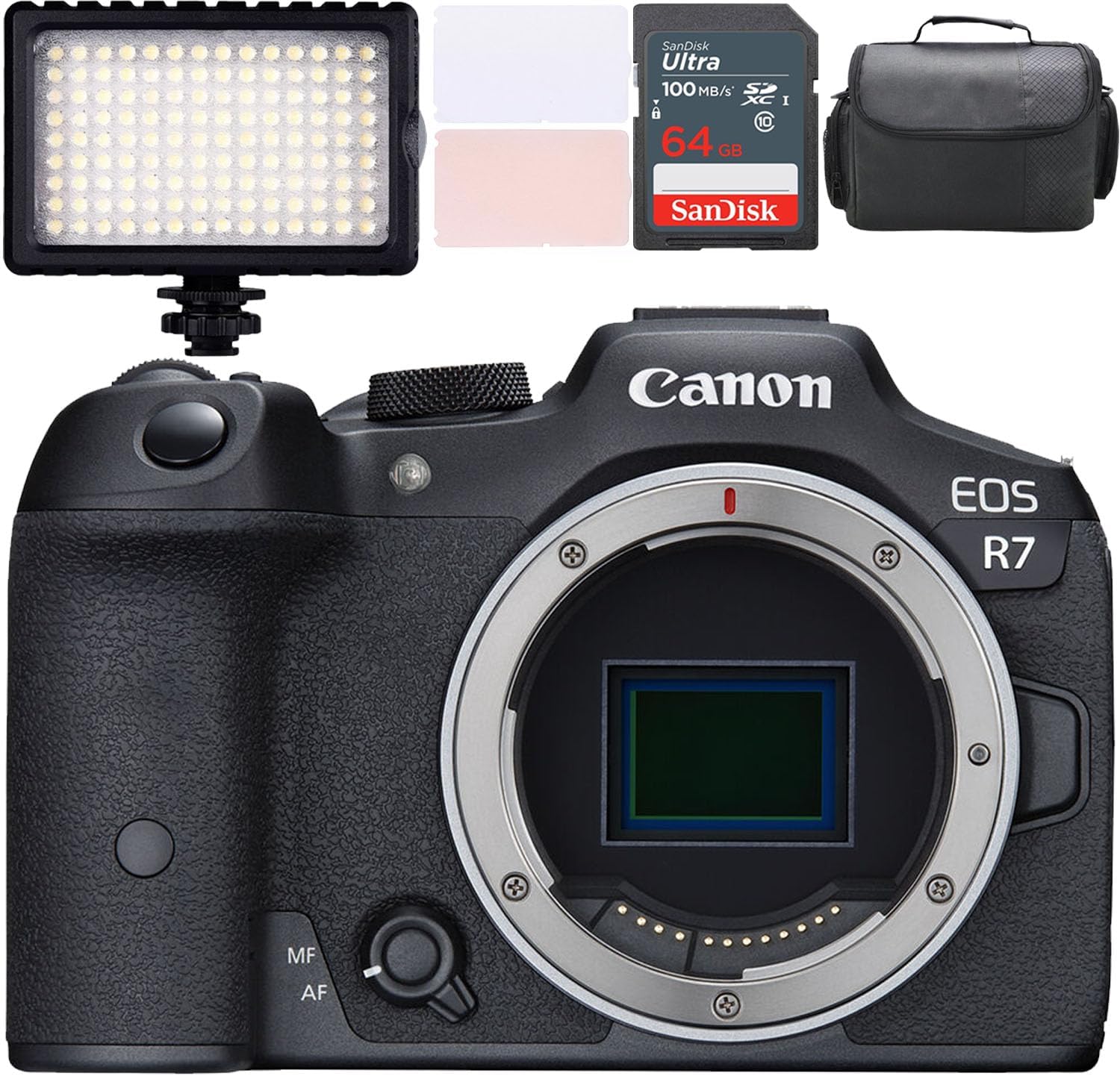Canon EOS R7 Mirrorless Camera (Body Only) + LED Video Light + Camera Case + 64GB Memory (10pc Bundle) (Renewed)