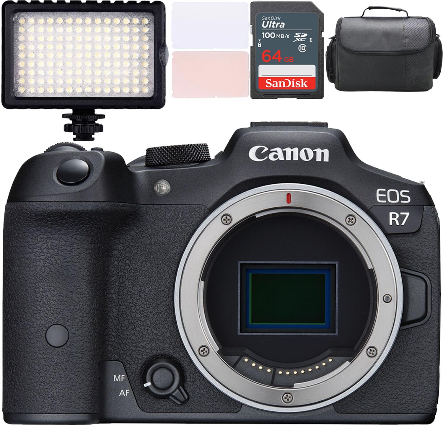 Canon EOS R7 Mirrorless Camera (Body Only) + LED Video Light + Camera Case + 64GB Memory (10pc Bundle) (Renewed)
