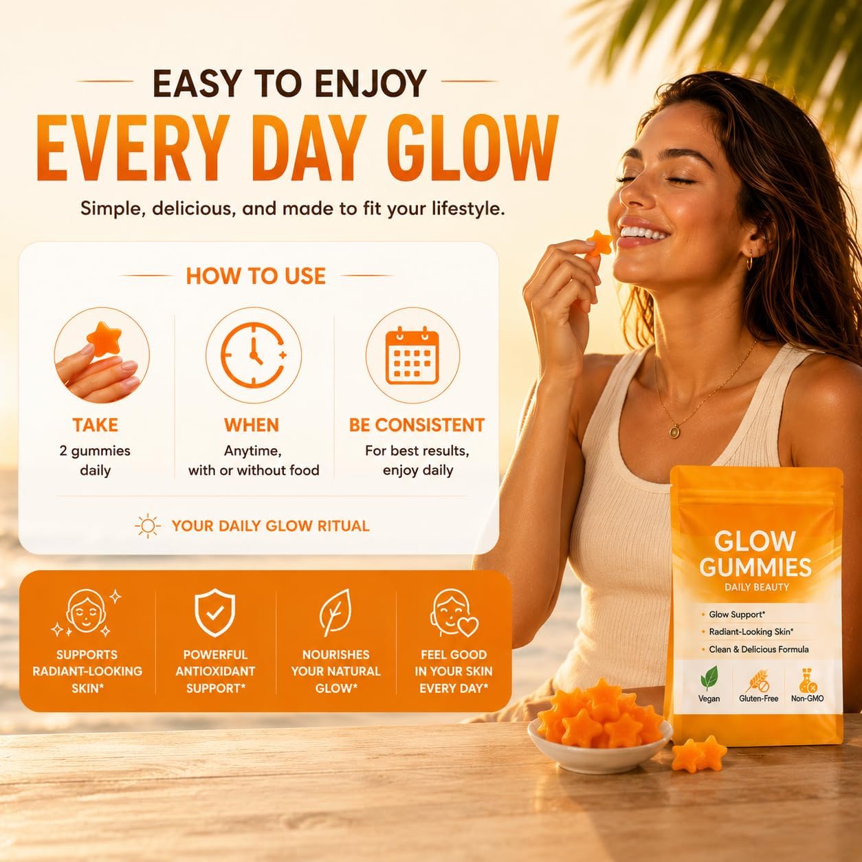 Tanning Gummies, Tanning Gummies for Women & Wen, with Beta Carotene, Astaxanthin and Vitamins, for Natural Skin Support & Radiant Healthy Skin – Vegan, Gluten-Free, 60 Gummies (1)