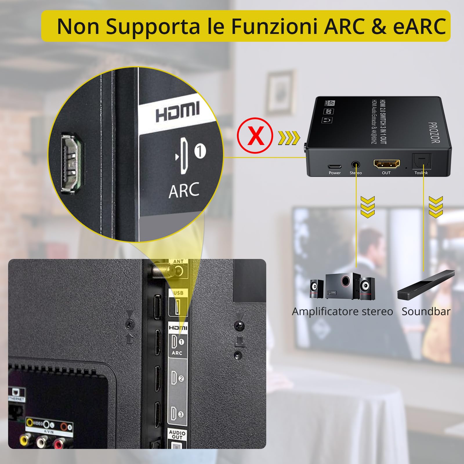 PROZOR HDMI Switch 3 Ingressi 1 Uscita con Estrattore Audio Uscita Analogico Ottico Toslink SPDIF 4K 3D HDMI Convertitore per Blu-ray DVD Player Satellite Box PS3 PS4 Apple TV PC HD Camera DVR