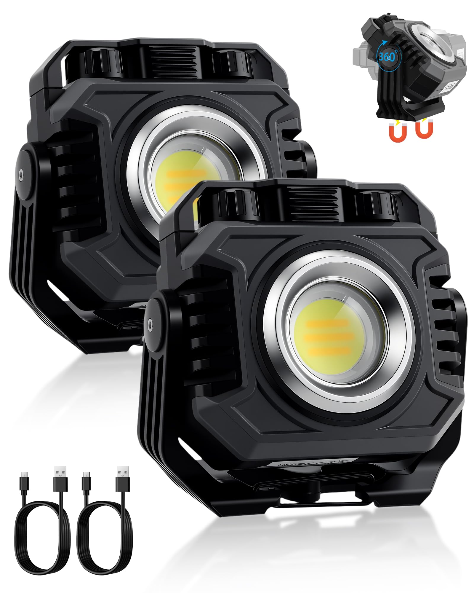 eSynic 2pcs Lampes de Travail LED Portable Rechargeable 5000mAh Lampe de Chantier Projecteur 1500LM et Lampe Torche 600LM Base Magnétique Support à 360° 2700-8000K Étanche IP65 pour Réparation Camping