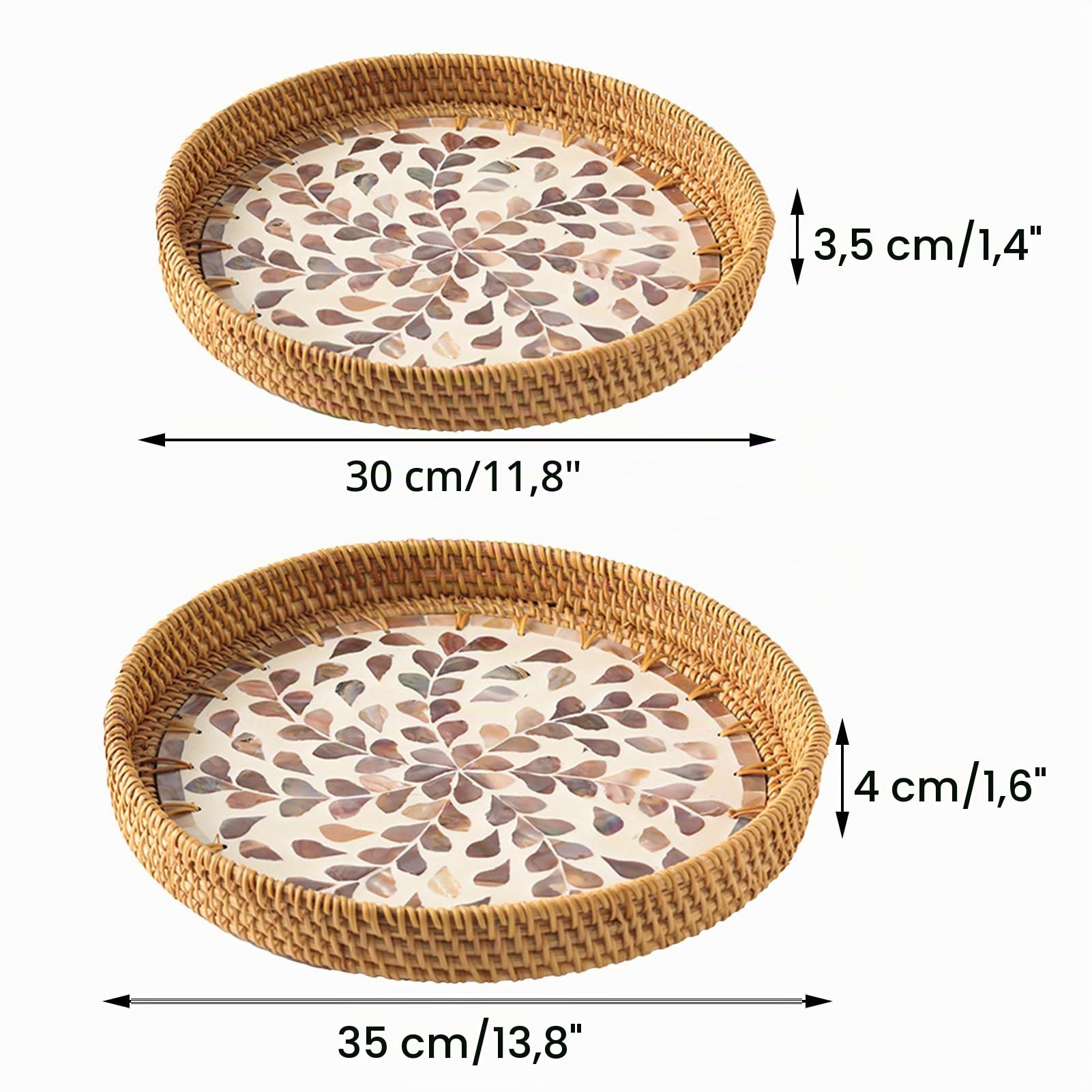 MINGZHE 2 Bandejas Redondas Hechas a Mano de Ratán para Servir Bandejas de Conchas de Colores, Bandejas de Frutas, Mesa de Centro de Sala de Estar, Marco de Recepción, Plato de Frutas,(Café)