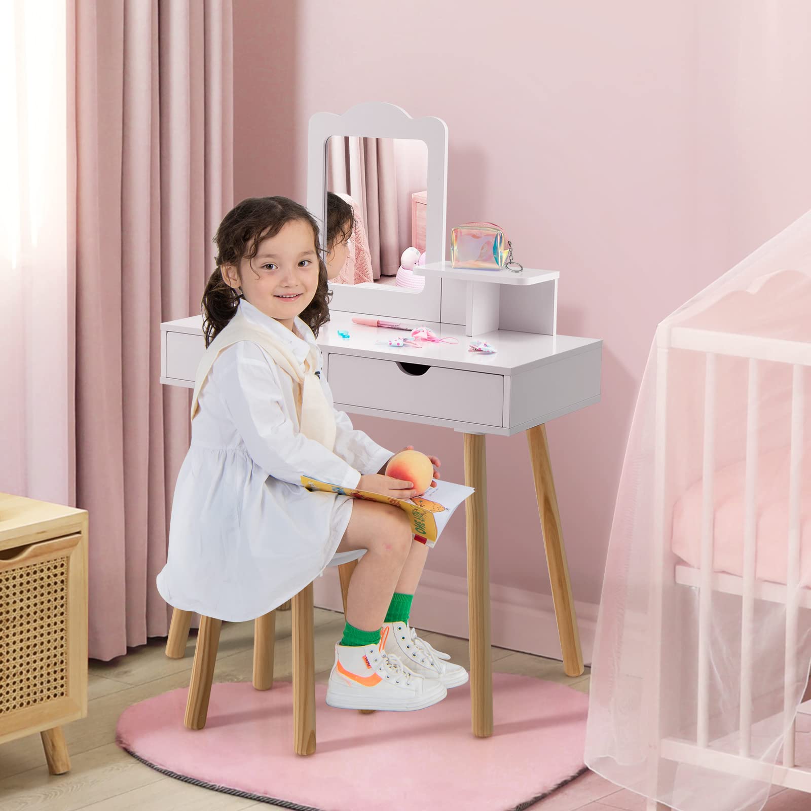 COSTWAY Juego de Tocador Infantil Niña, 2 en 1 Mesa de Tocador y Taburete de Madera para Niños con 1 Espejo Rectangular y 2 Cajones Grandes, Tocador de Maquillaje para Niña de 3 a 7 Años,White