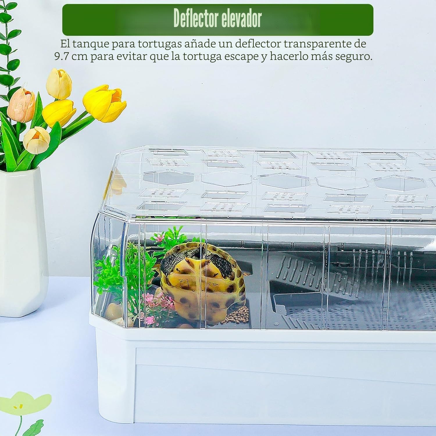 Tanque De Tortuga Extra Grande, Acuario De Tanque De Tortuga con Cubierta De Sol, Valla Transparente Extraíble, 5 Áreas para Disfrutar, Alimentar, Reproducción, Hibernación, Natación