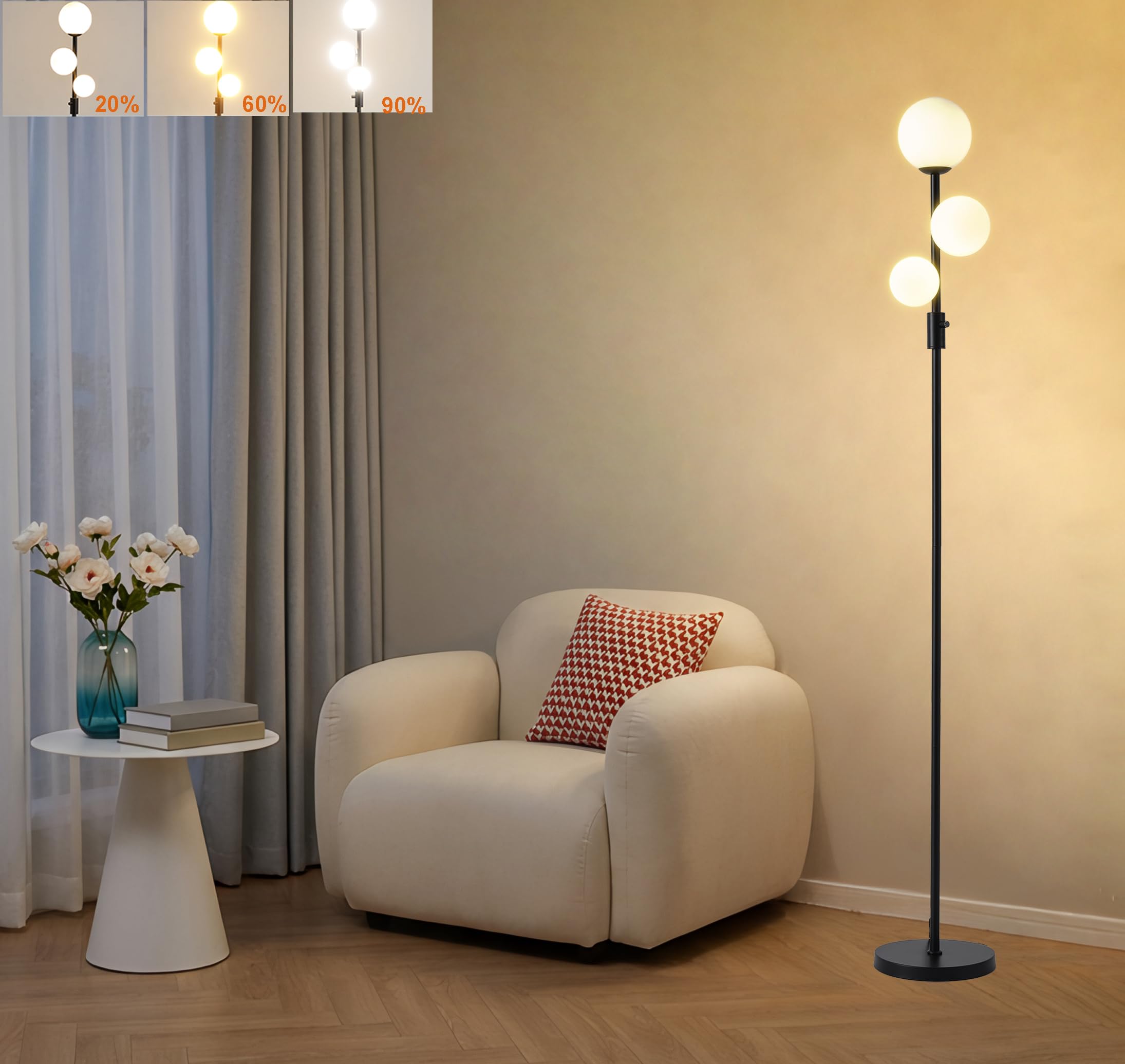 Photo 1 of **MISSING BOTTOM STAND**Fiqevs Upgraded Dimmable 3 Globe Mid Century Modern Floor Lamp, 3 x 3000K Warm Light LED Bulbs Included, Matt Black Standing Lamp with Sphere Glass Shade, Vintage Tall Lamp for Living Room, Bedroom