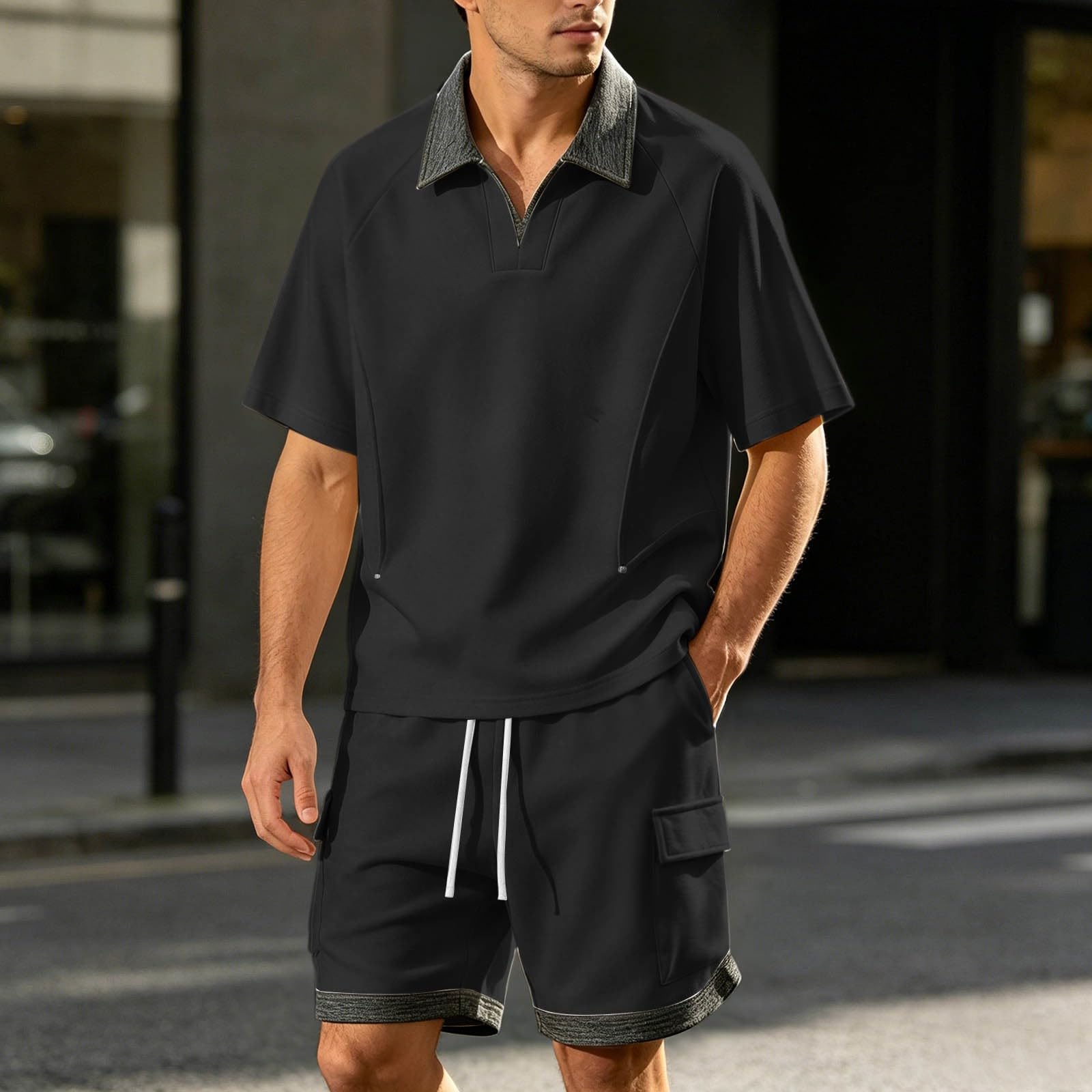 Tuta da jogging da uomo, due pezzi, polo e pantaloncini, con coulisse, estiva, per il tempo libero, abbigliamento sportivo, con risvolto, tuta da allenamento per attività all'aperto