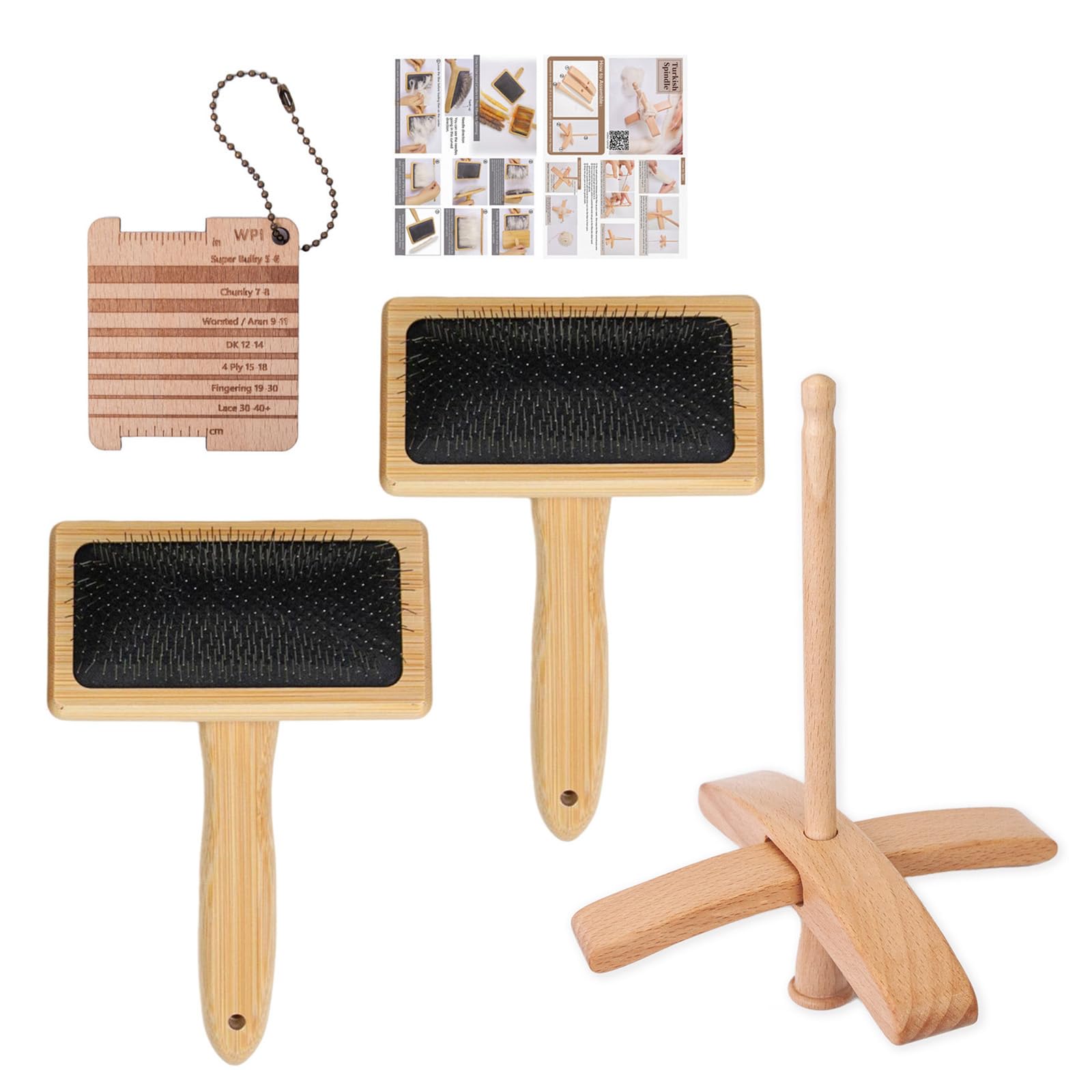 Snorvixre Spindle with Carding Brushes Crosses-Shaped Wooden Spindle Wool Carders for Yarn Weaving Wool Crocheting Crosses-shaped Hand Carved Yarn Winder