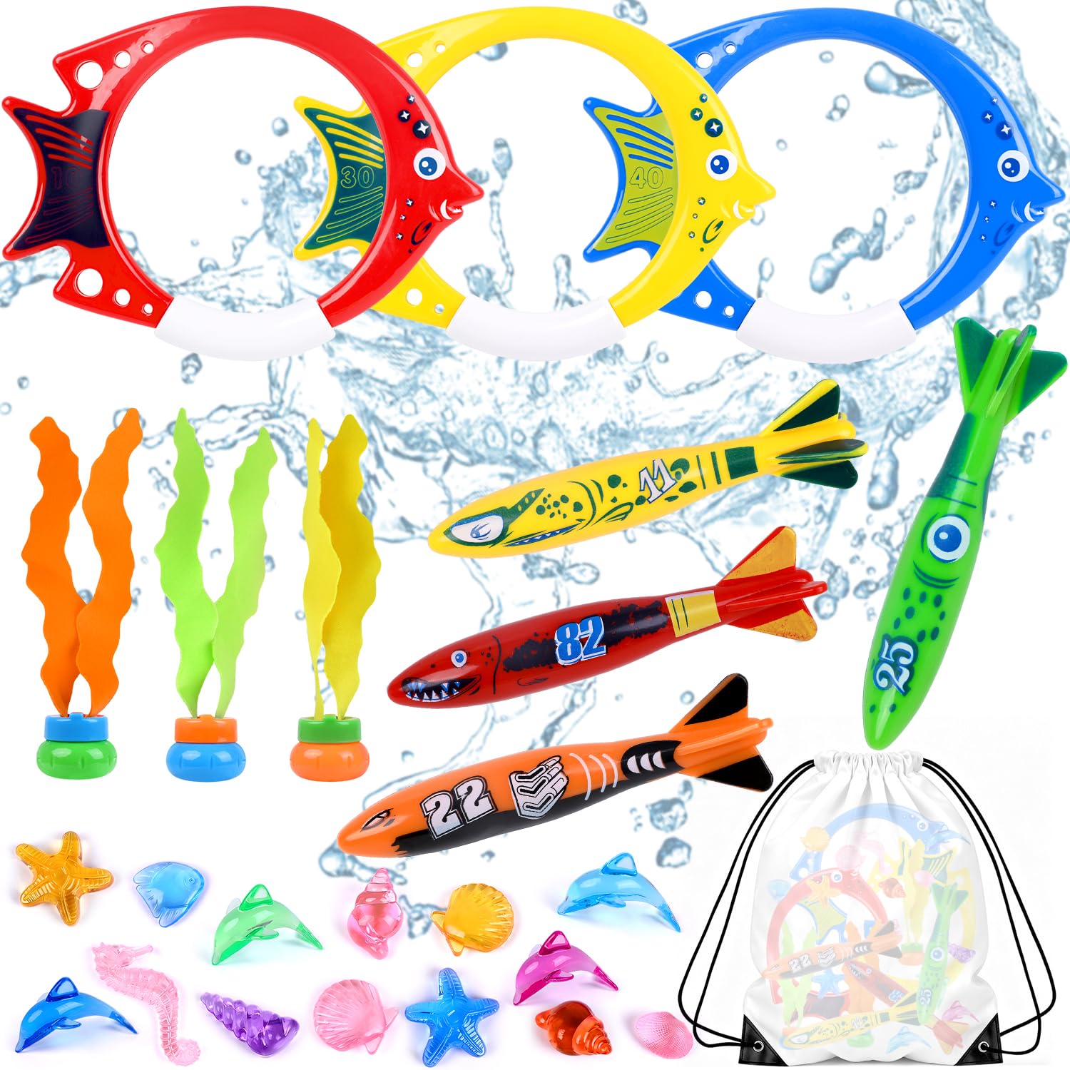 VEYLIN Pool Diving Toy Set for Kids, 25 Pieces Swimming Pool Dive Toys Torpedoes, Seaweed, Rings, Gems and Dolphins, Summer Swim Training with Backpack