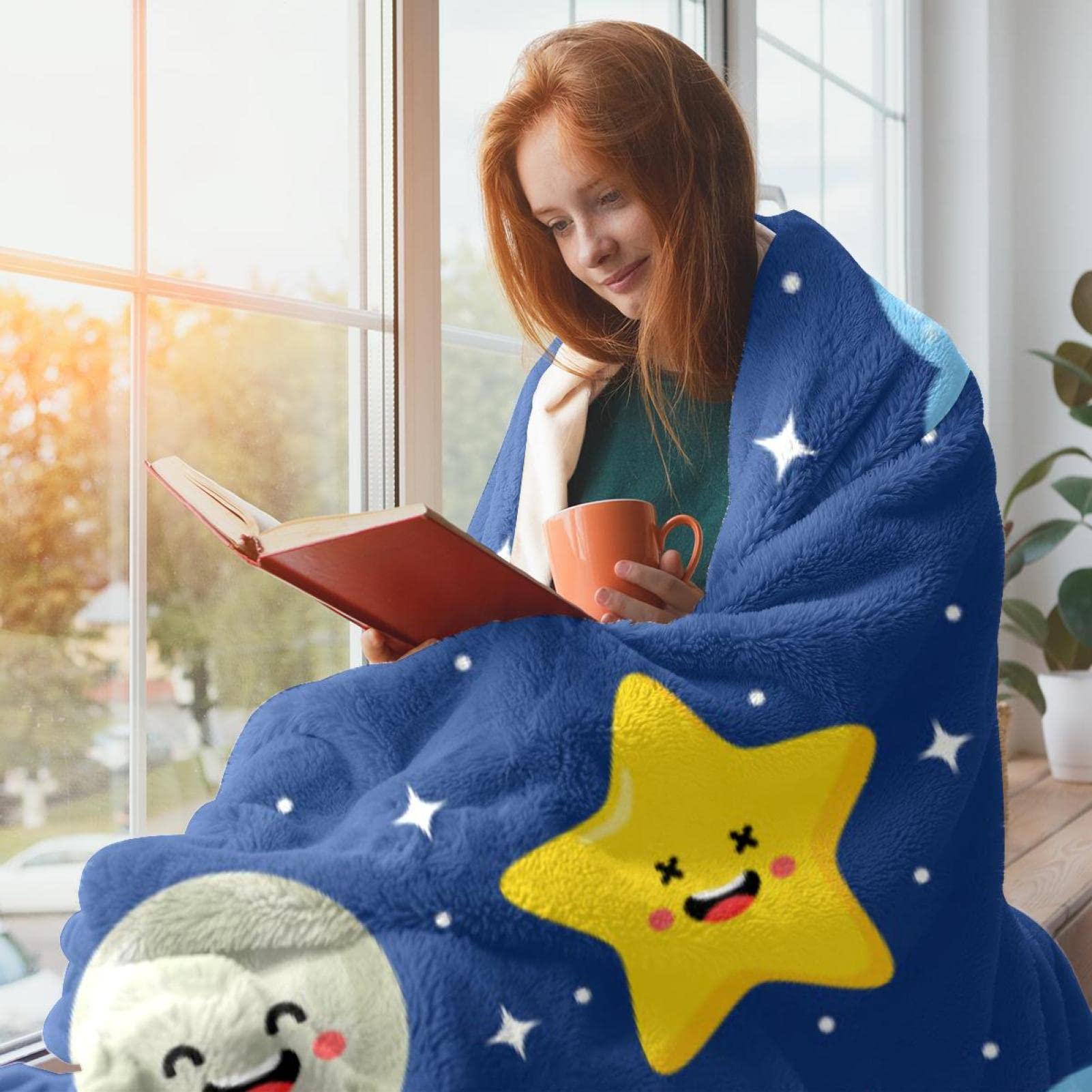 FTVOGUE Coperta Luminescente Con Stelle E Luna – 75x100 Cm, Morbida In Poliestere, Glow In The Dark, Per Divano E Letto, Grigio Blu