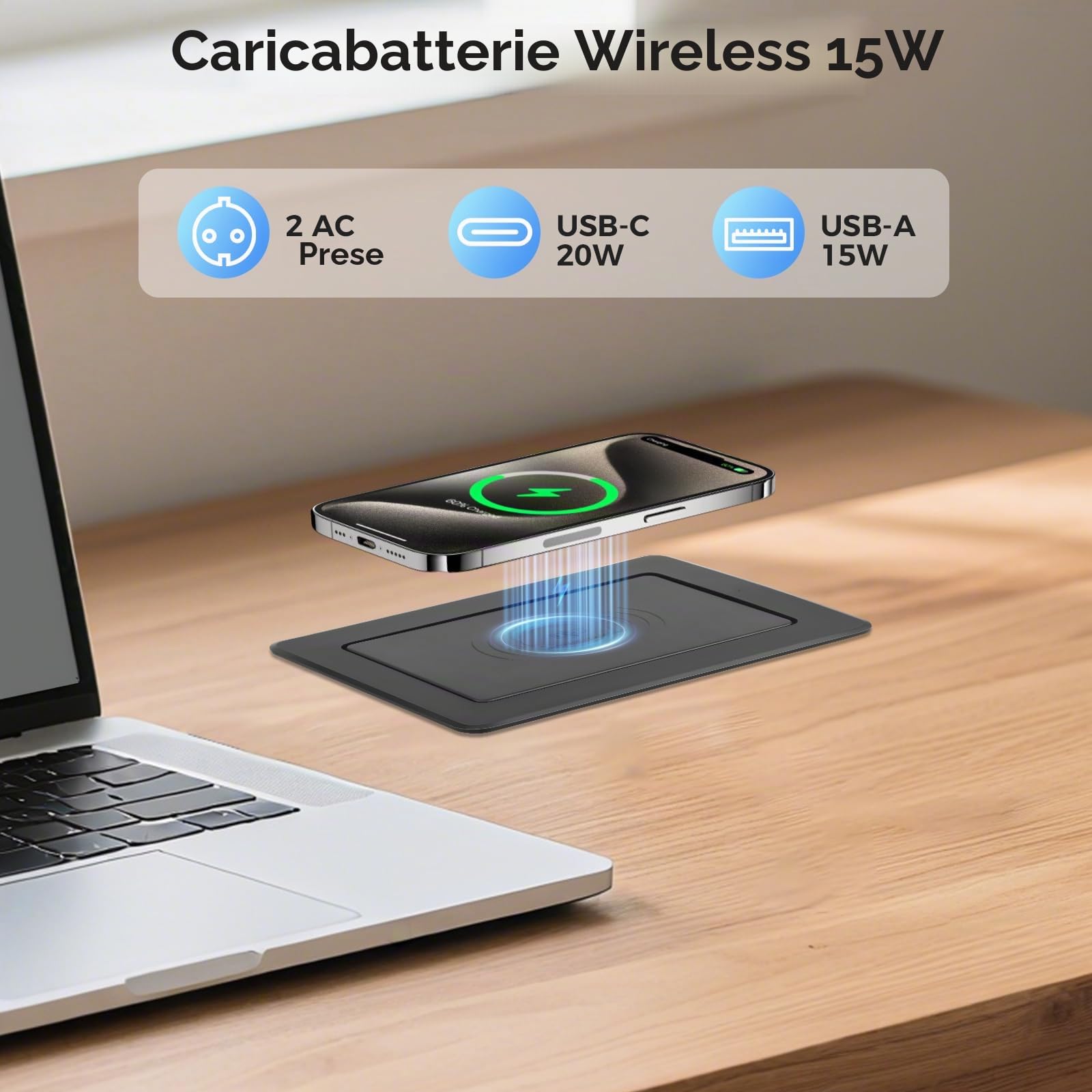 Presa da incasso per cucina con caricabatterie wireless da 15W e USB C PD20W, presa da incasso a 2 prese, presa da tavolo, caricabatterie rapido pop-up per tavolo da ufficio